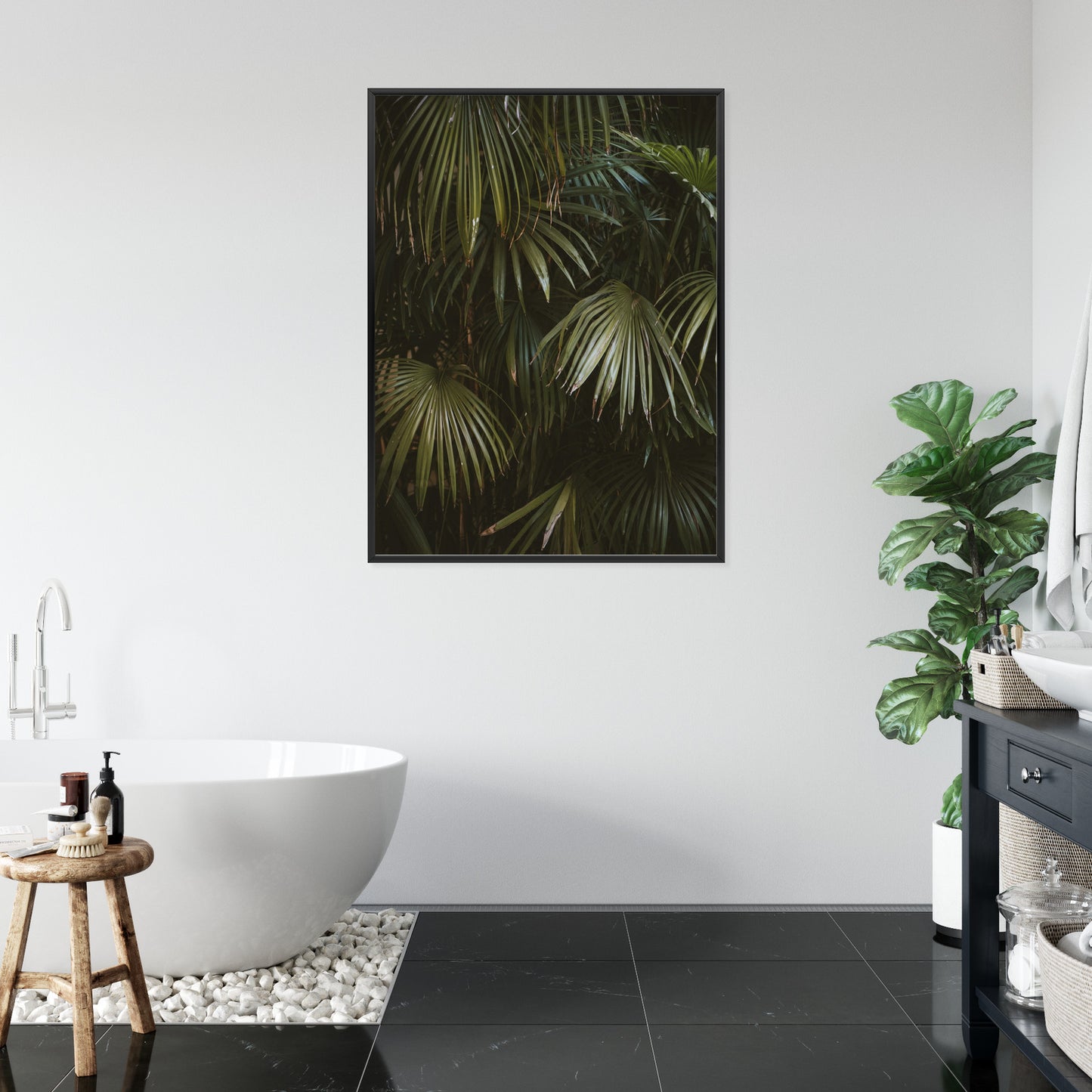 Poster Dunkelgrüne Palmblätter Rahmen Holz Mit Passepartout Farbe Natürlich