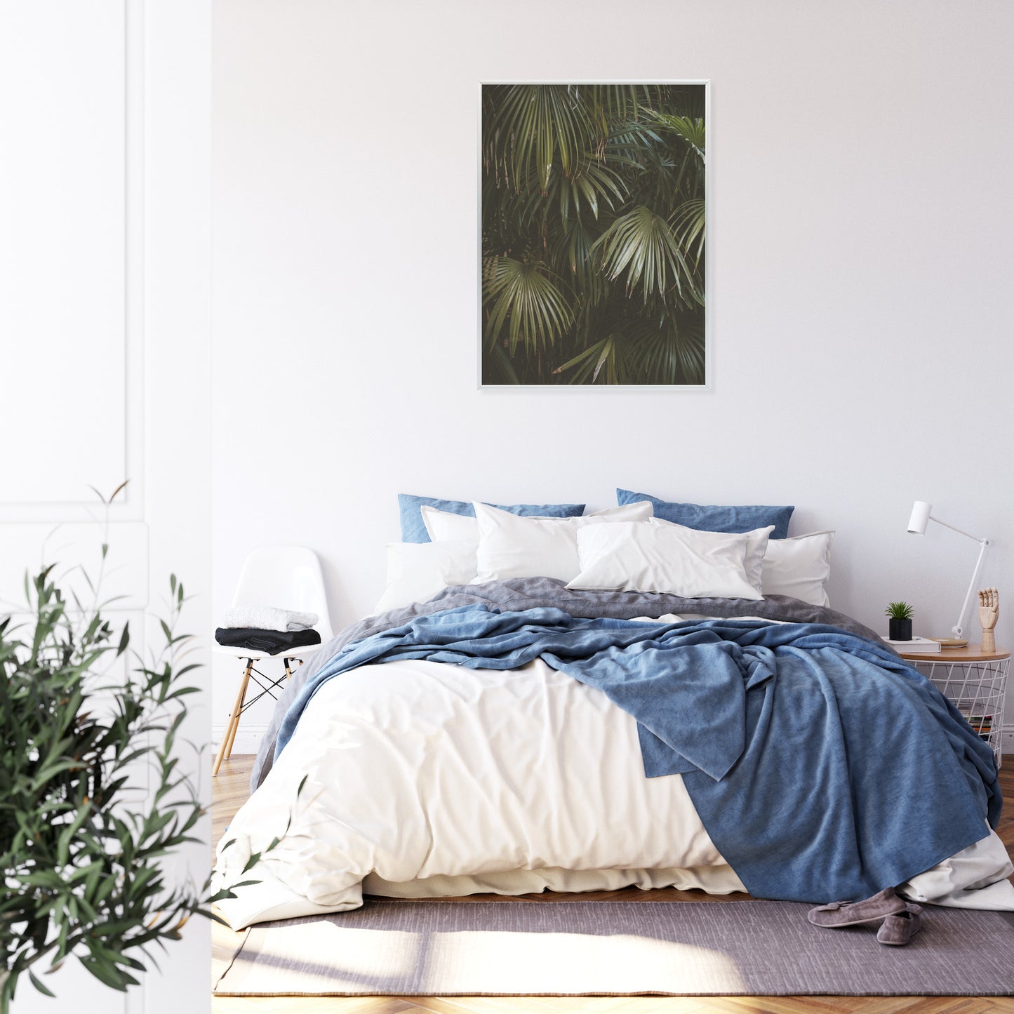 Poster Dunkelgrüne Palmblätter Rahmen Holz Mit Passepartout Farbe Natürlich