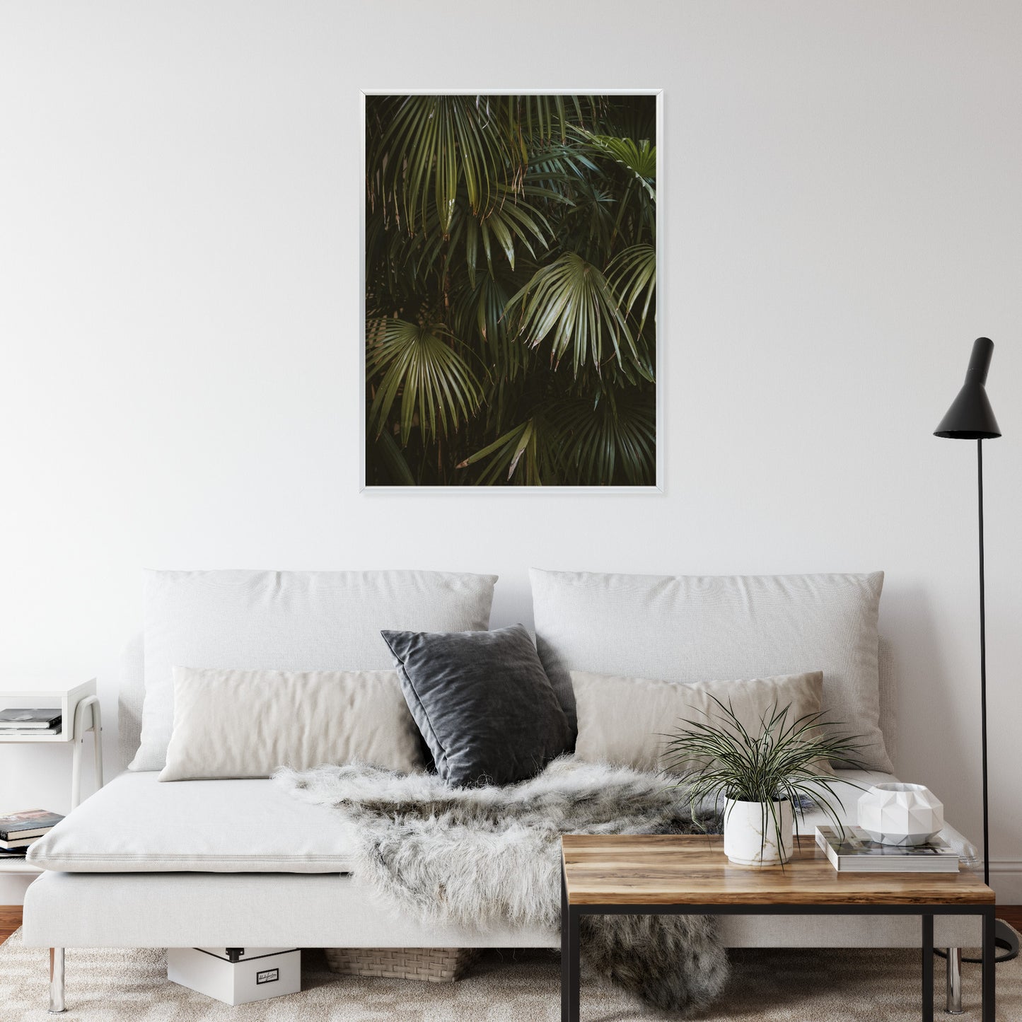 Poster Dunkelgrüne Palmblätter Rahmen Holz Mit Passepartout Farbe Natürlich