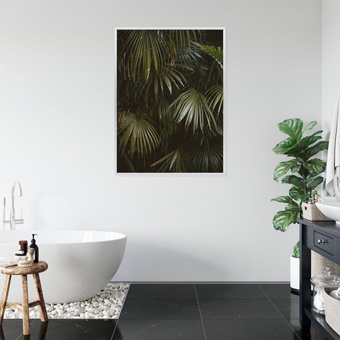 Poster Dunkelgrüne Palmblätter Rahmen Holz Mit Passepartout Farbe Natürlich