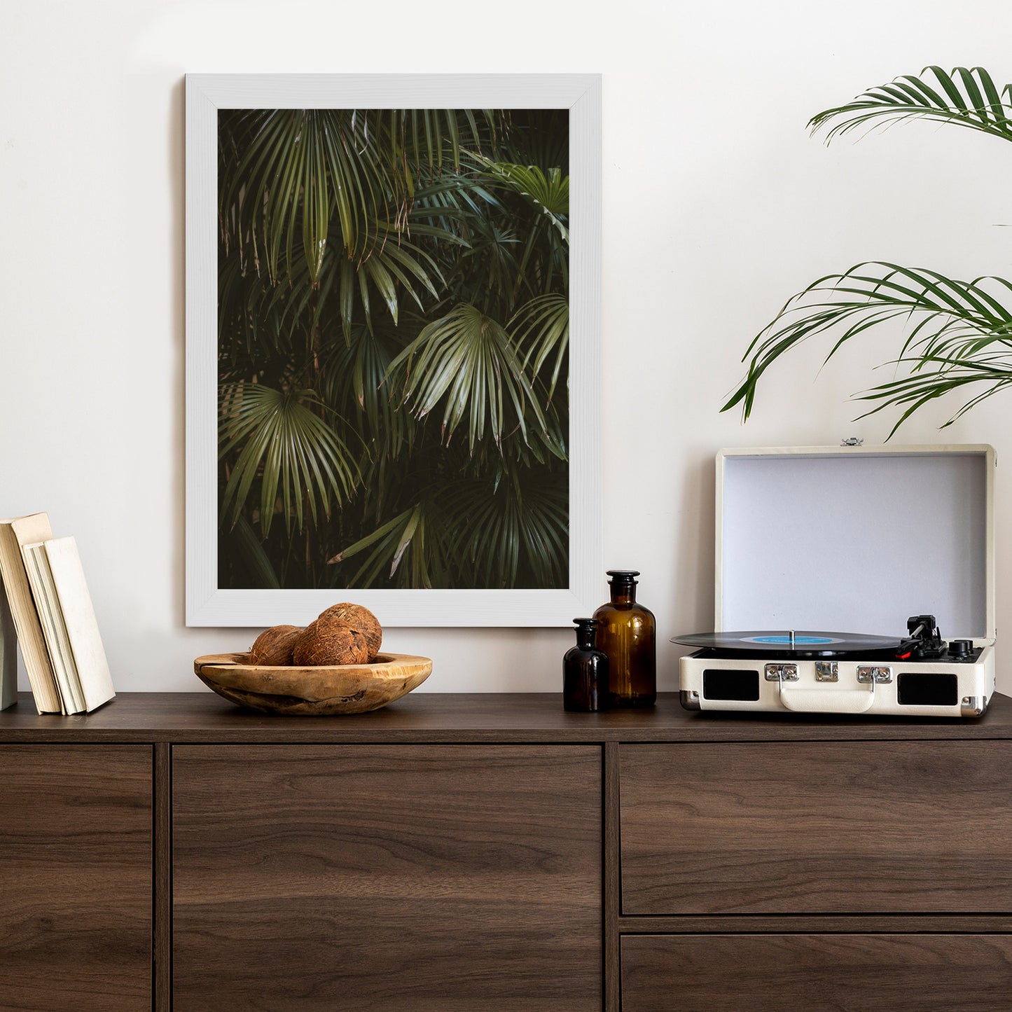 Poster Dunkelgrüne Palmblätter Rahmen Holz Mit Passepartout Farbe Natürlich