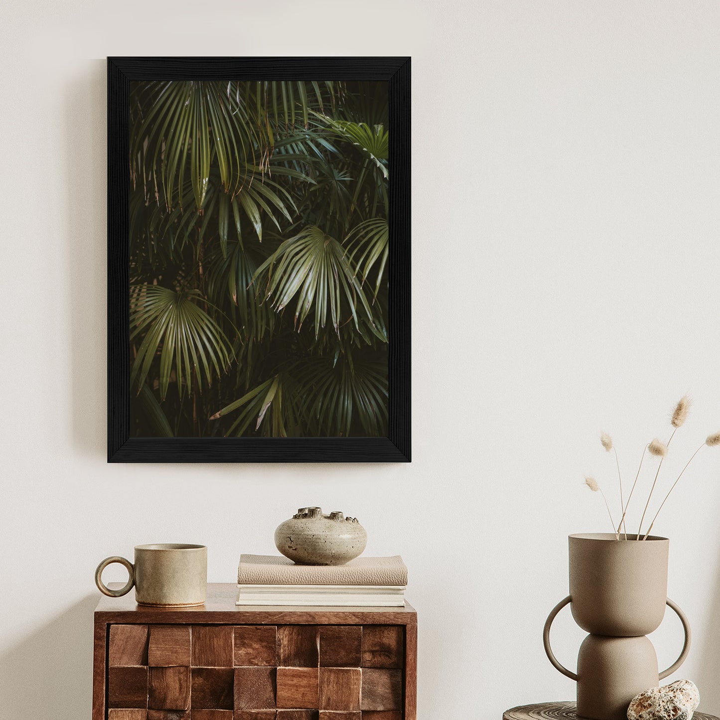 Poster Dunkelgrüne Palmblätter Rahmen Holz Mit Passepartout Farbe Natürlich