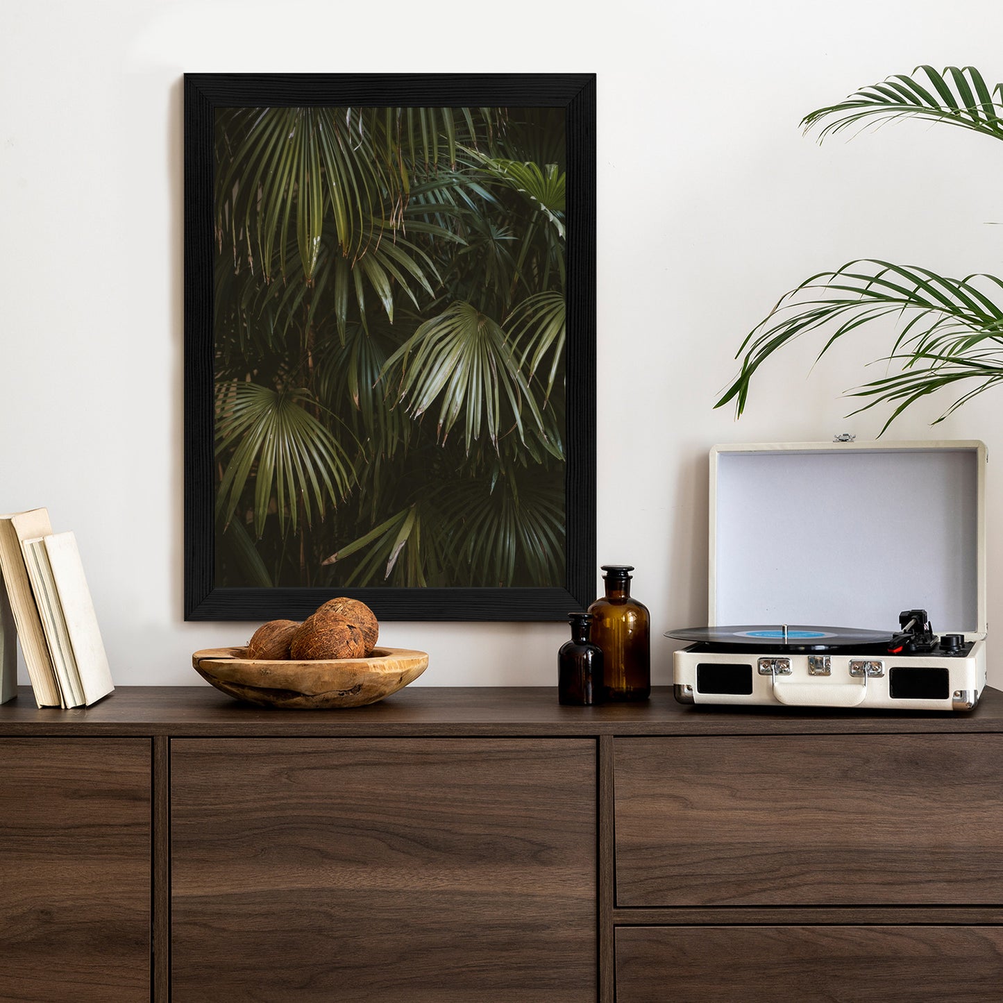 Poster Dunkelgrüne Palmblätter Rahmen Holz Mit Passepartout Farbe Natürlich