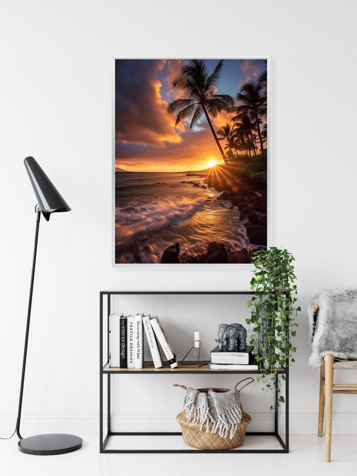 Poster Tropische Insel Mit Palmen Und Sonnenuntergang Rahmen Holz Mit Passepartout Farbe Natürlich