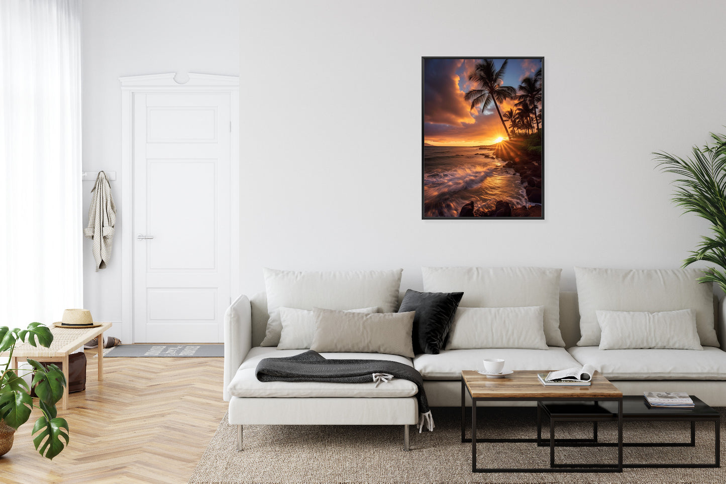 Poster Tropische Insel Mit Palmen Und Sonnenuntergang Rahmen Holz Mit Passepartout Farbe Natürlich
