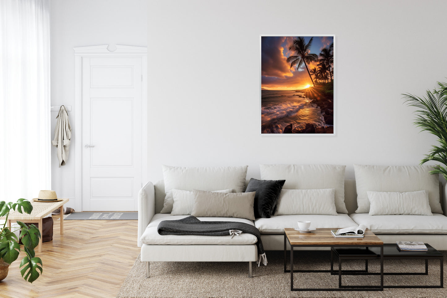 Poster Tropische Insel Mit Palmen Und Sonnenuntergang Rahmen Holz Mit Passepartout Farbe Natürlich