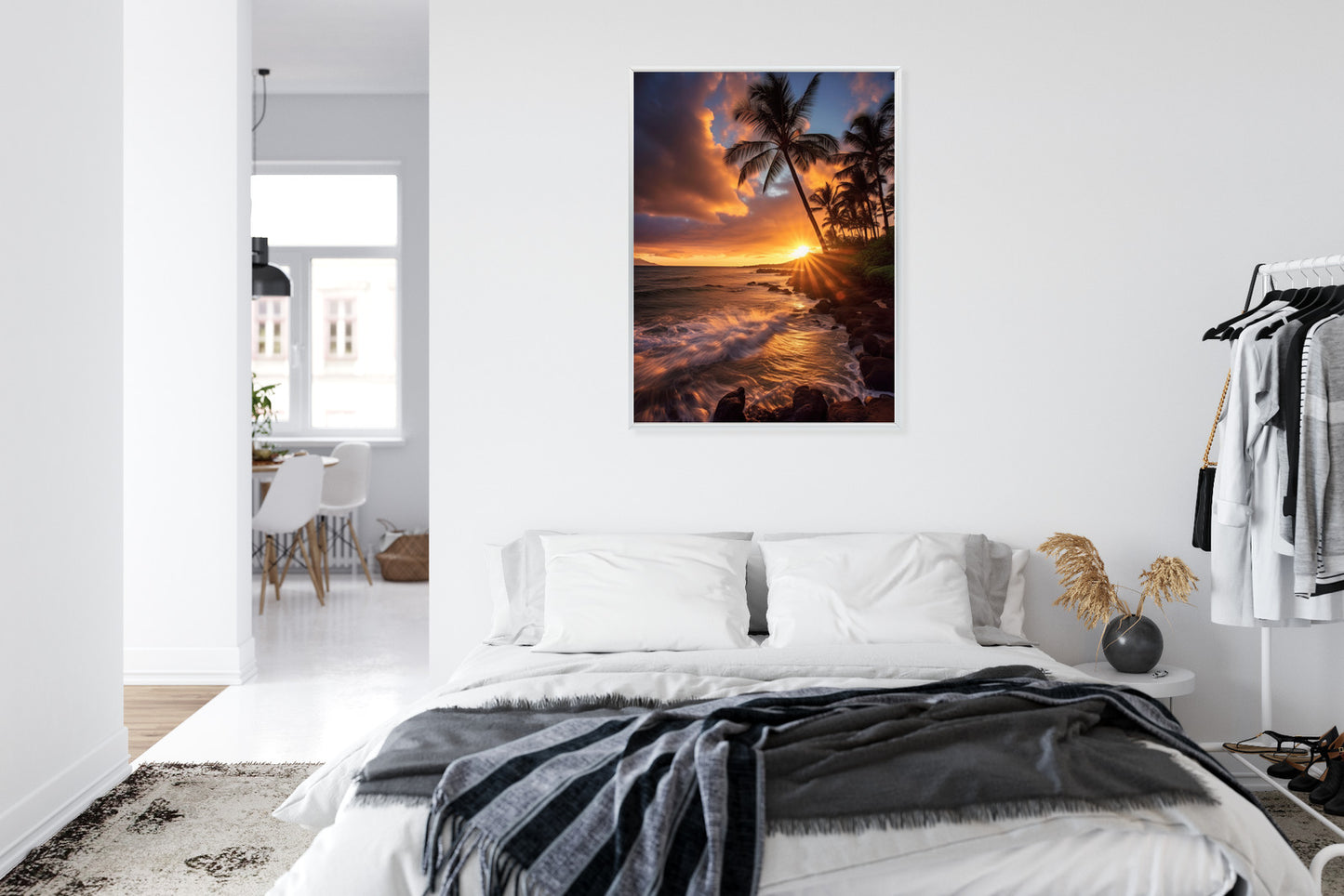 Poster Tropische Insel Mit Palmen Und Sonnenuntergang Rahmen Holz Mit Passepartout Farbe Natürlich
