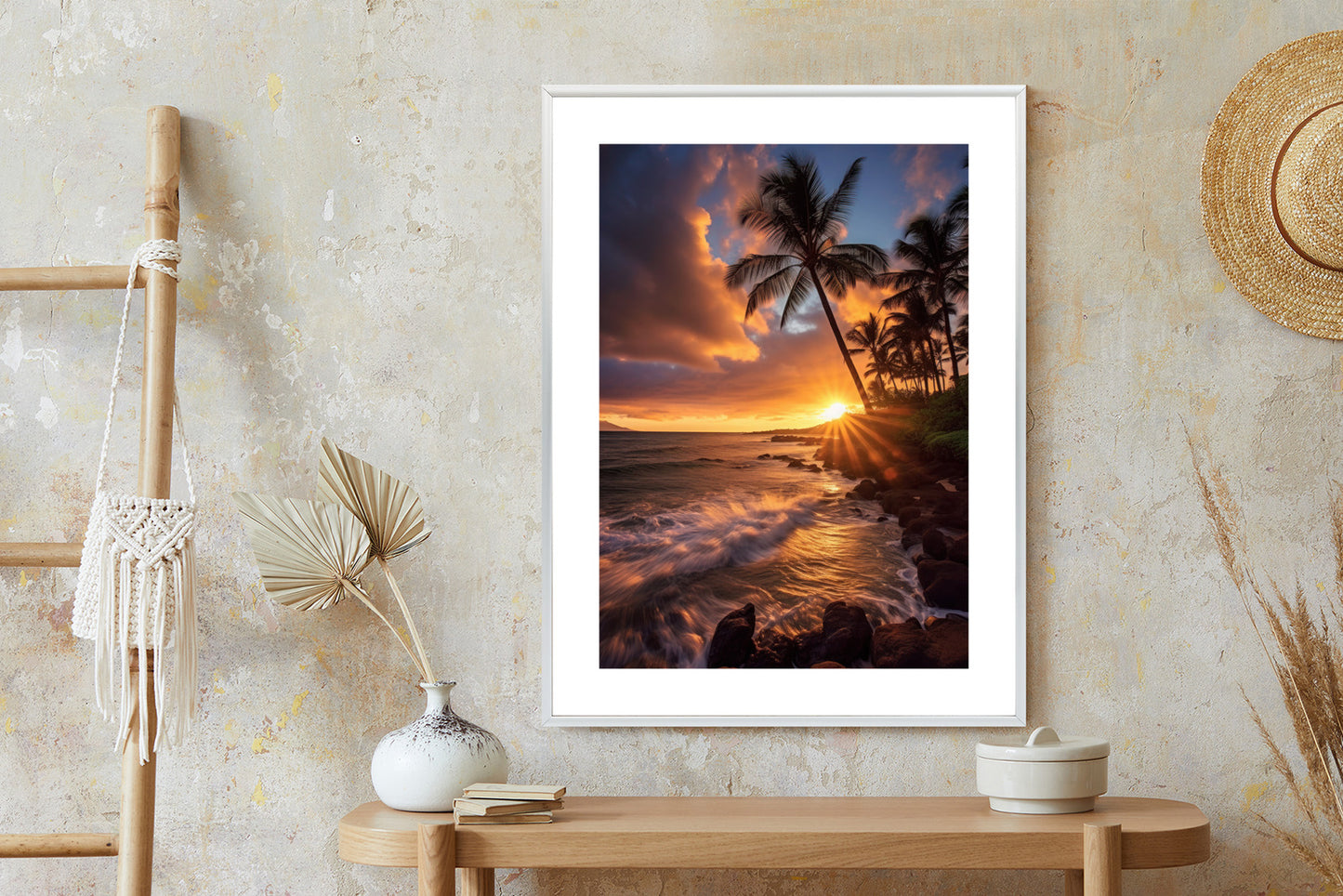 Poster Tropische Insel Mit Palmen Und Sonnenuntergang Rahmen Holz Mit Passepartout Farbe Natürlich