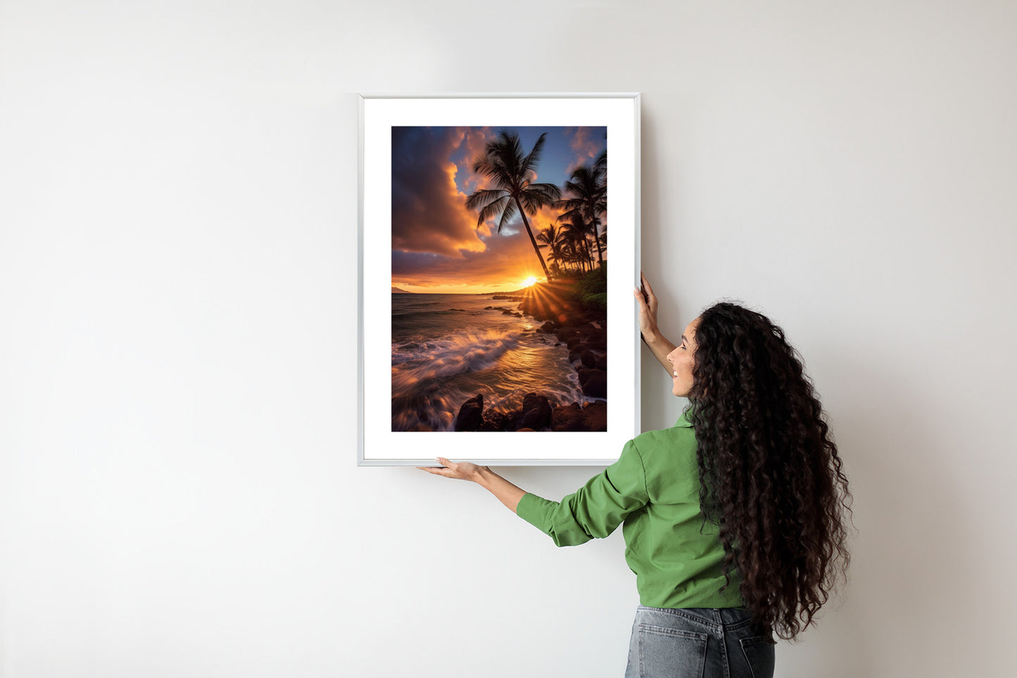 Poster Tropische Insel Mit Palmen Und Sonnenuntergang Rahmen Holz Mit Passepartout Farbe Natürlich