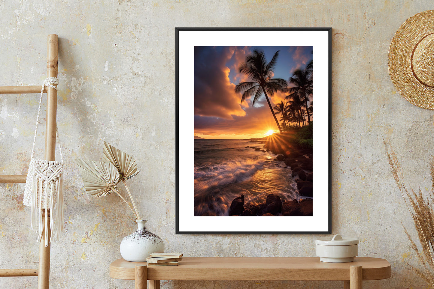 Poster Tropische Insel Mit Palmen Und Sonnenuntergang Rahmen Holz Mit Passepartout Farbe Natürlich