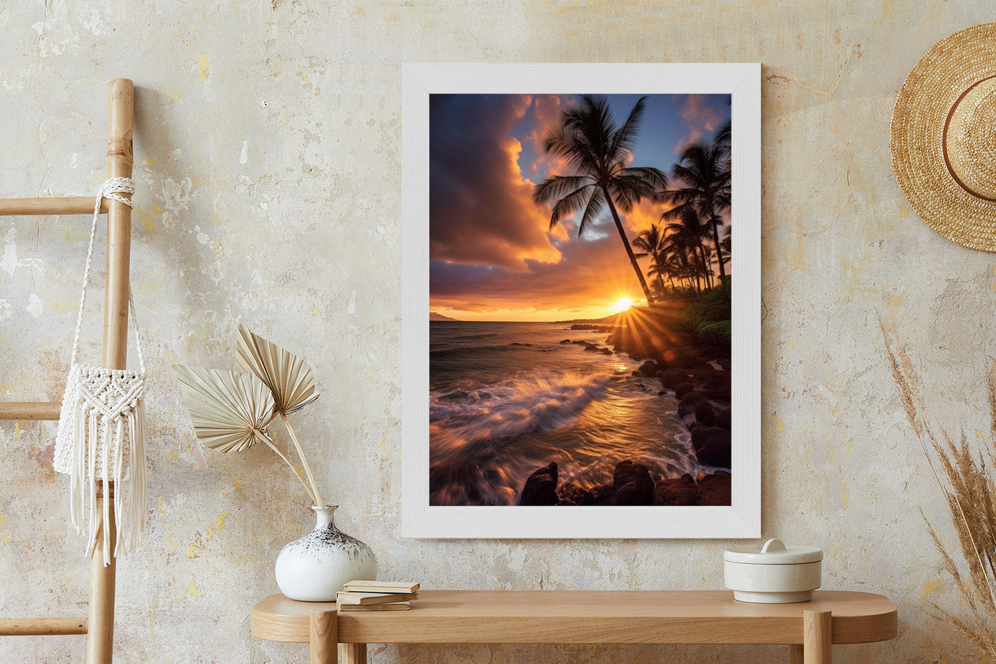 Poster Tropische Insel Mit Palmen Und Sonnenuntergang Rahmen Holz Mit Passepartout Farbe Natürlich