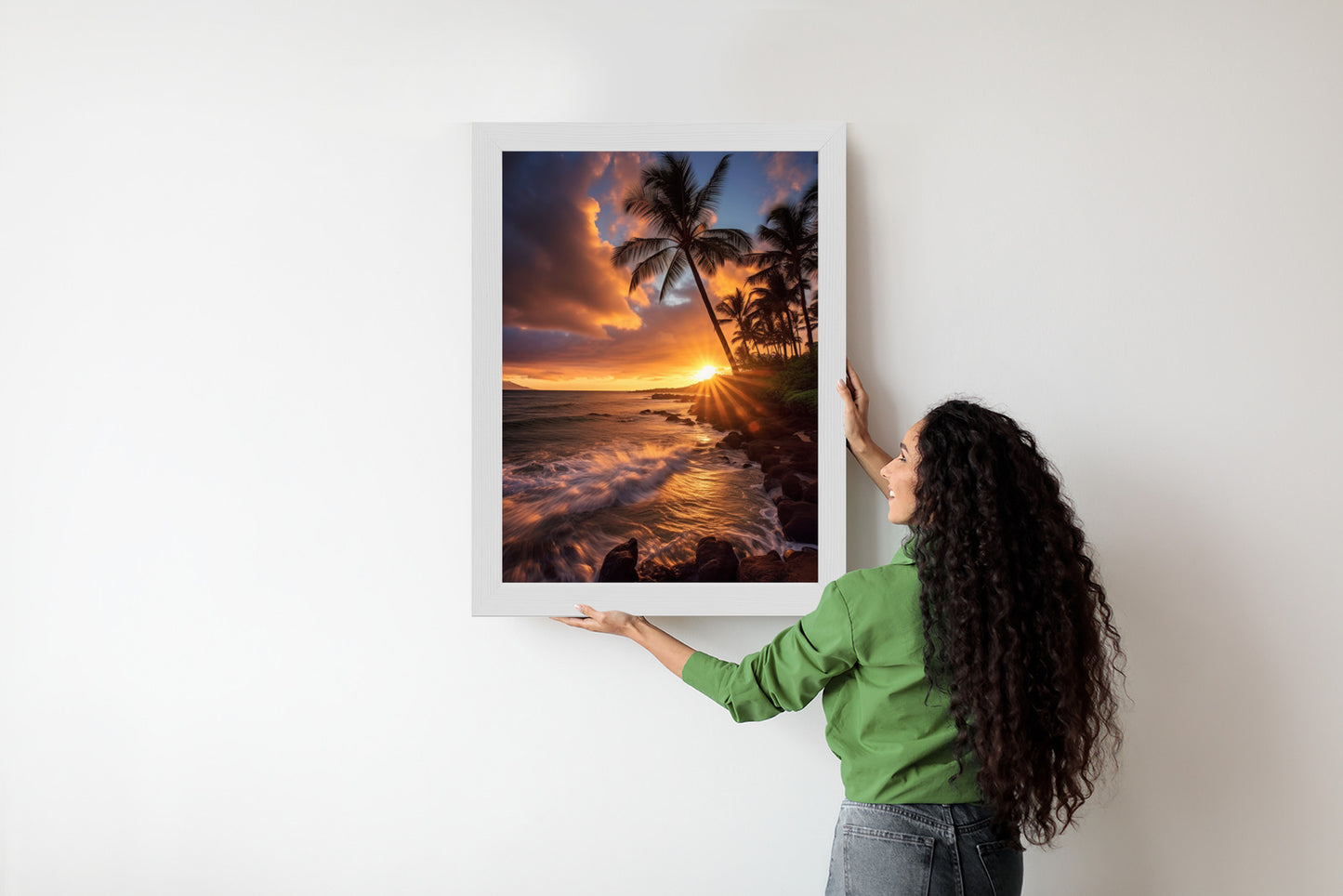 Poster Tropische Insel Mit Palmen Und Sonnenuntergang Rahmen Holz Mit Passepartout Farbe Natürlich