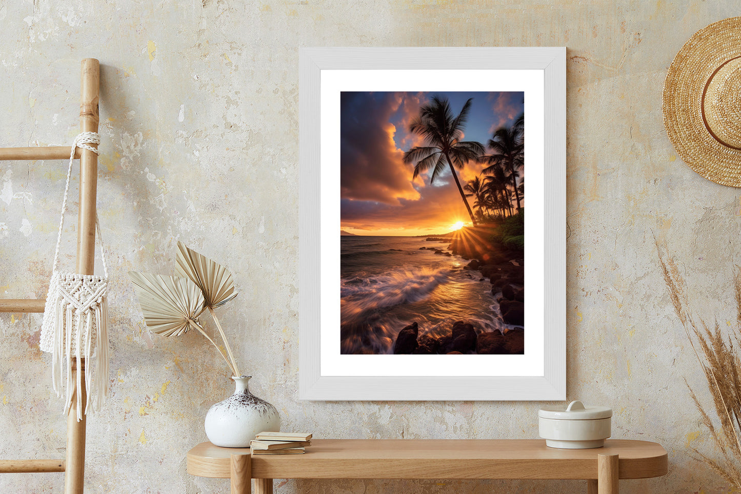 Poster Tropische Insel Mit Palmen Und Sonnenuntergang Rahmen Holz Mit Passepartout Farbe Natürlich