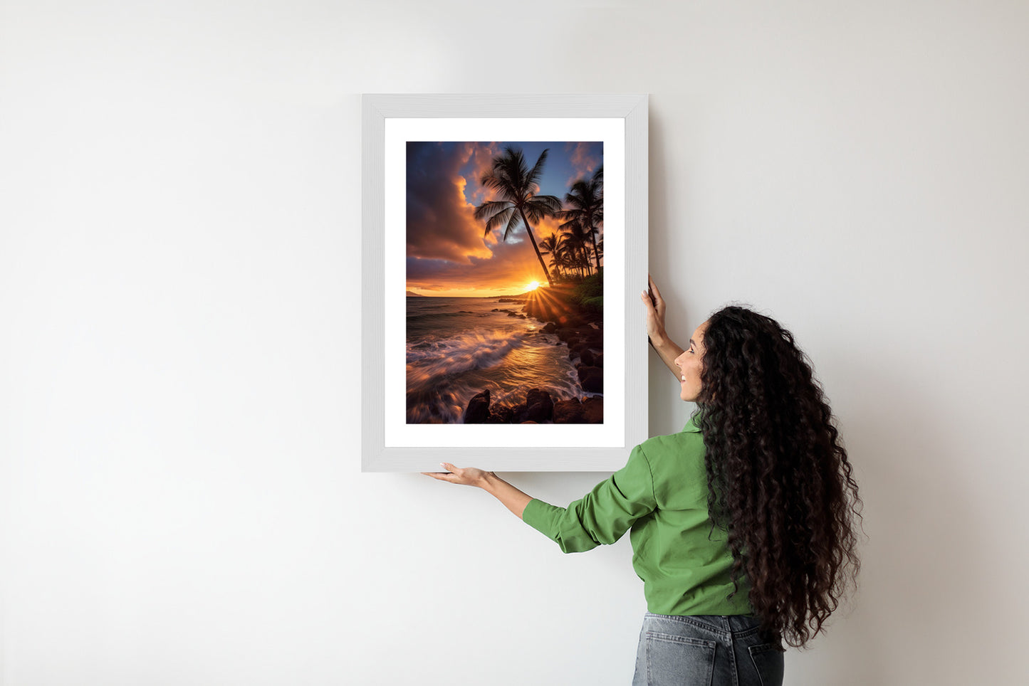 Poster Tropische Insel Mit Palmen Und Sonnenuntergang Rahmen Holz Mit Passepartout Farbe Natürlich