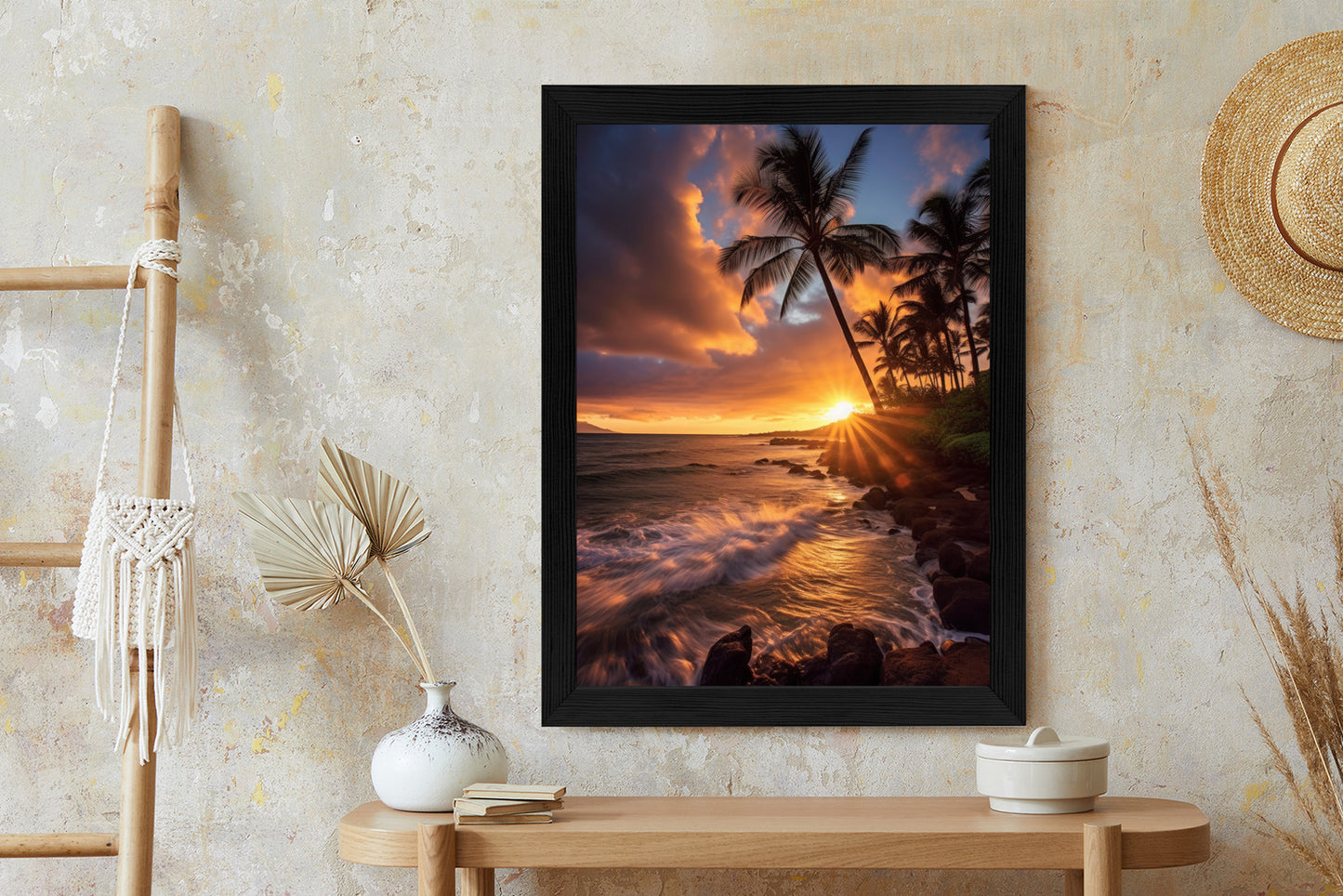 Poster Tropische Insel Mit Palmen Und Sonnenuntergang Rahmen Holz Mit Passepartout Farbe Natürlich