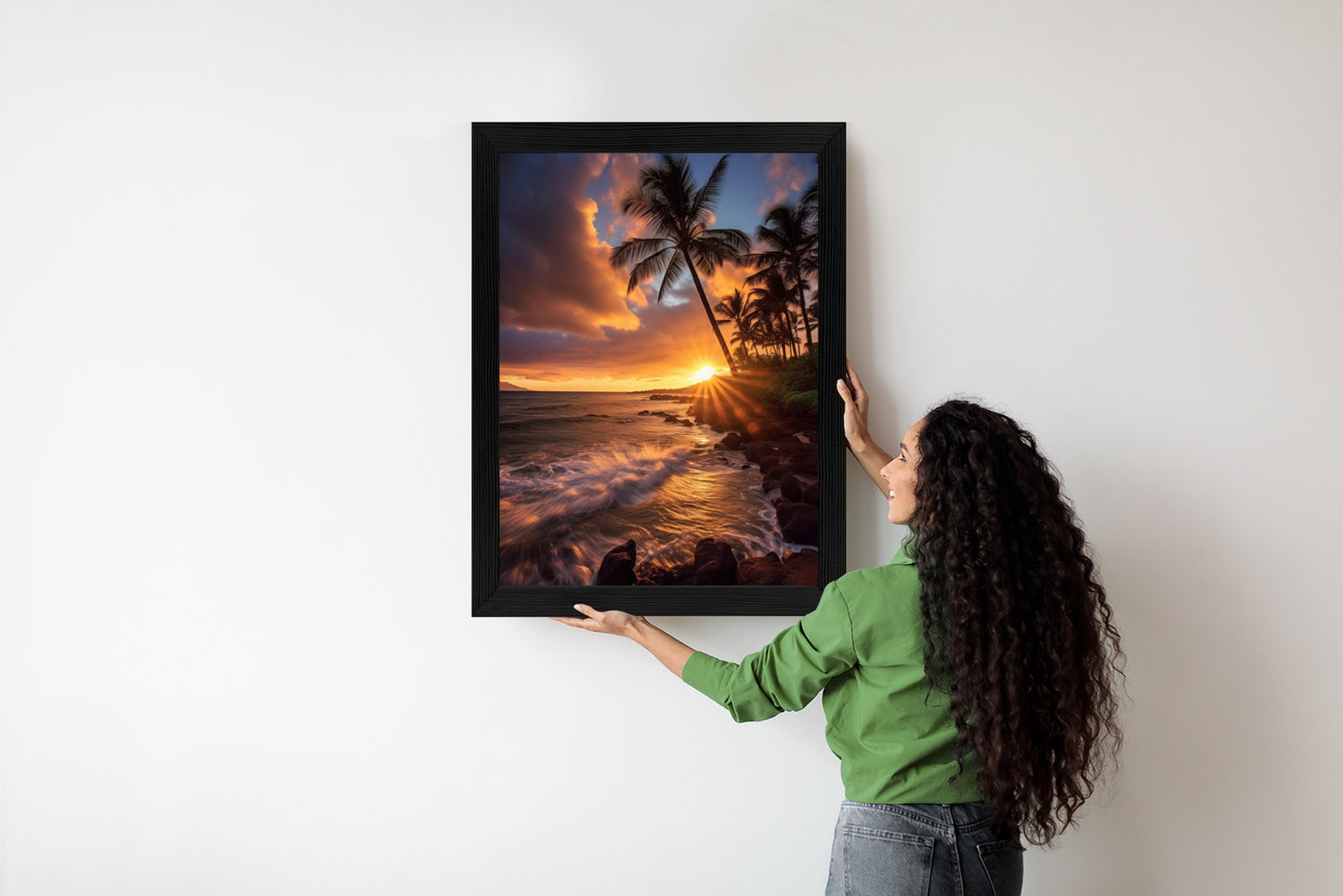 Poster Tropische Insel Mit Palmen Und Sonnenuntergang Rahmen Holz Mit Passepartout Farbe Natürlich