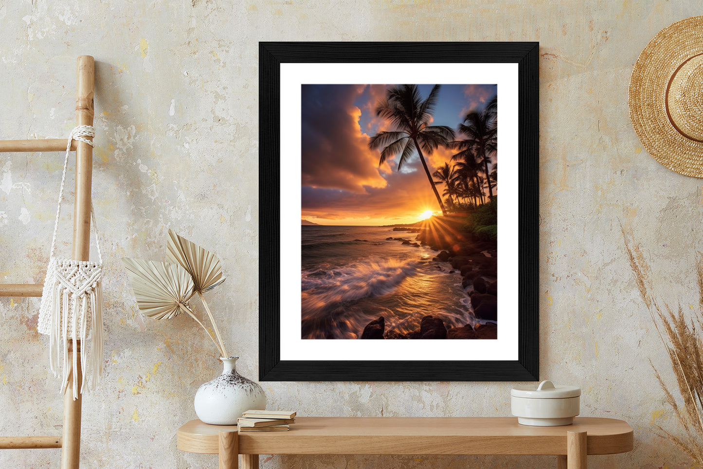 Poster Tropische Insel Mit Palmen Und Sonnenuntergang Rahmen Holz Mit Passepartout Farbe Natürlich