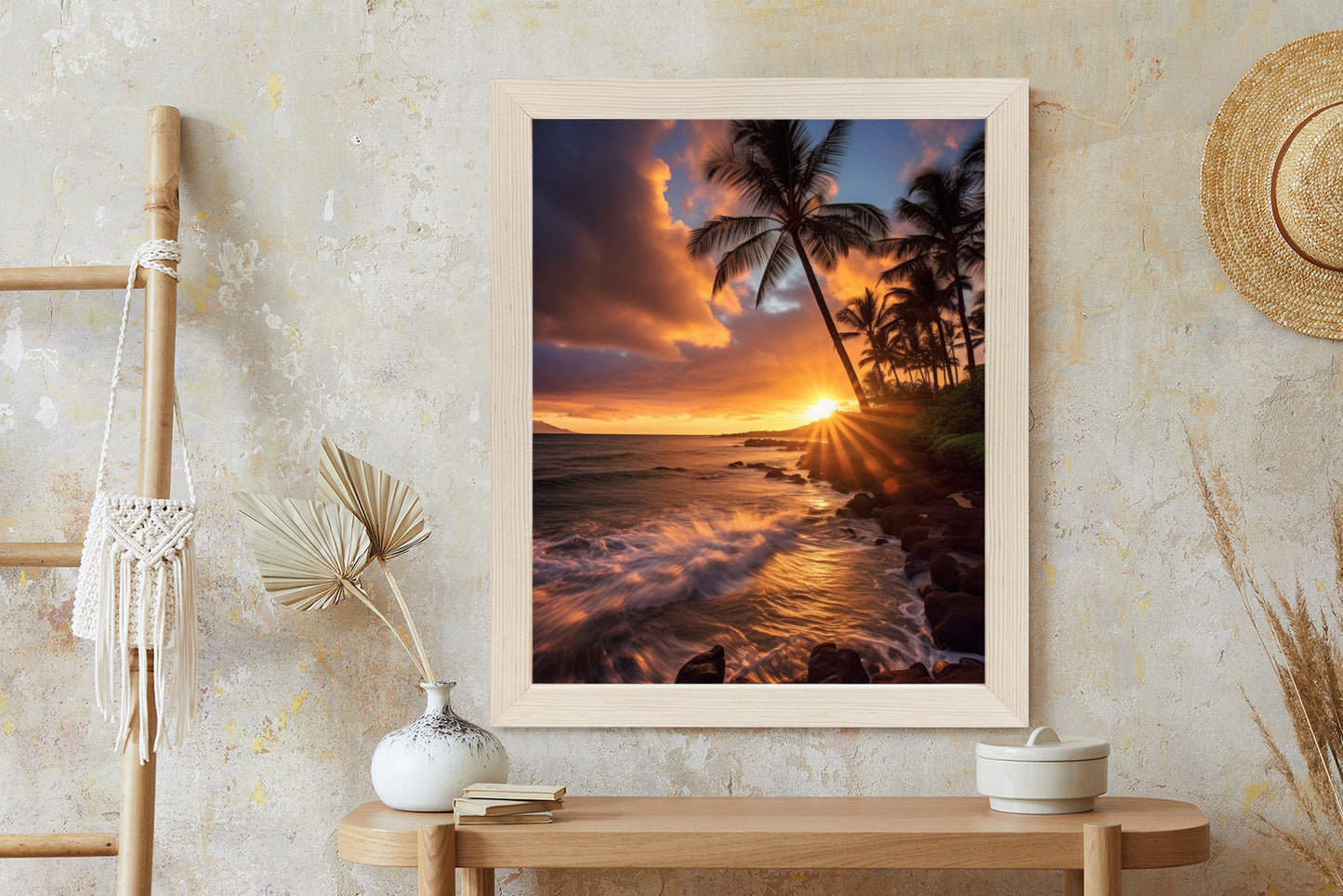 Poster Tropische Insel Mit Palmen Und Sonnenuntergang Rahmen Holz Mit Passepartout Farbe Natürlich