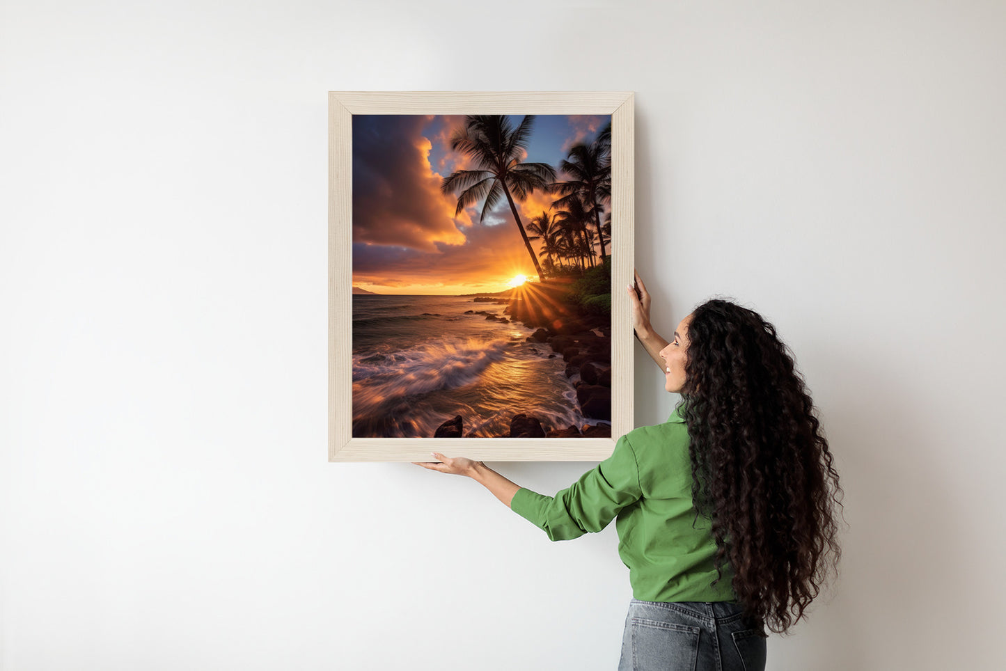 Poster Tropische Insel Mit Palmen Und Sonnenuntergang Rahmen Holz Mit Passepartout Farbe Natürlich