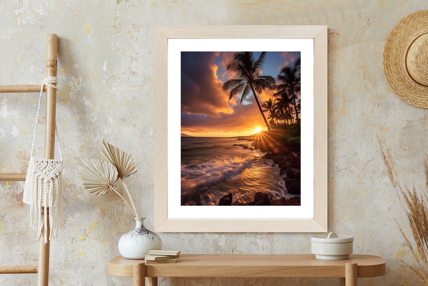 Poster Tropische Insel Mit Palmen Und Sonnenuntergang Rahmen Holz Mit Passepartout Farbe Natürlich