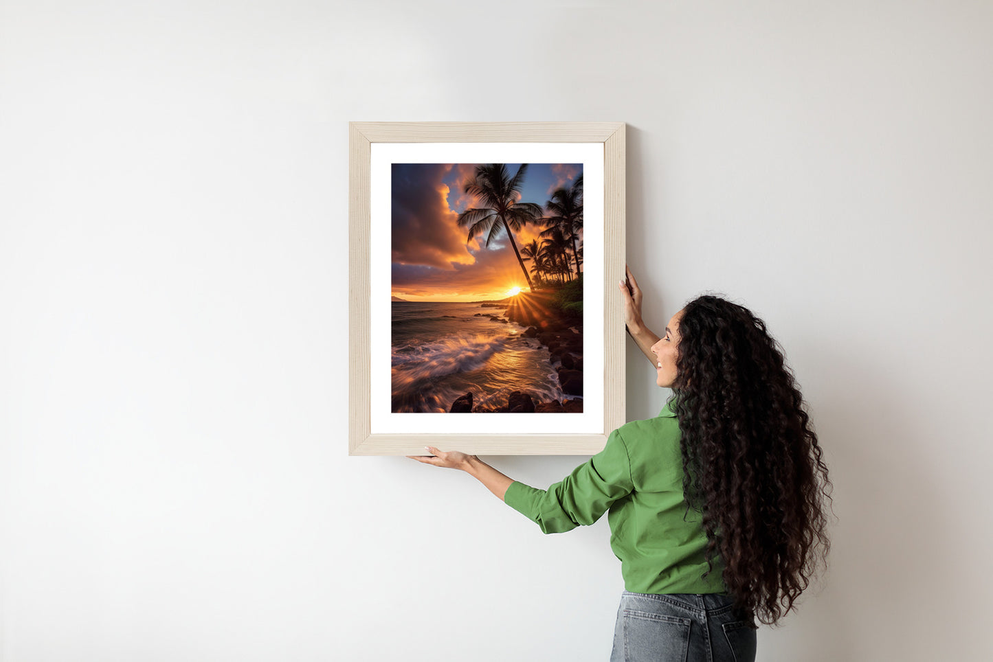 Poster Tropische Insel Mit Palmen Und Sonnenuntergang Rahmen Holz Mit Passepartout Farbe Natürlich