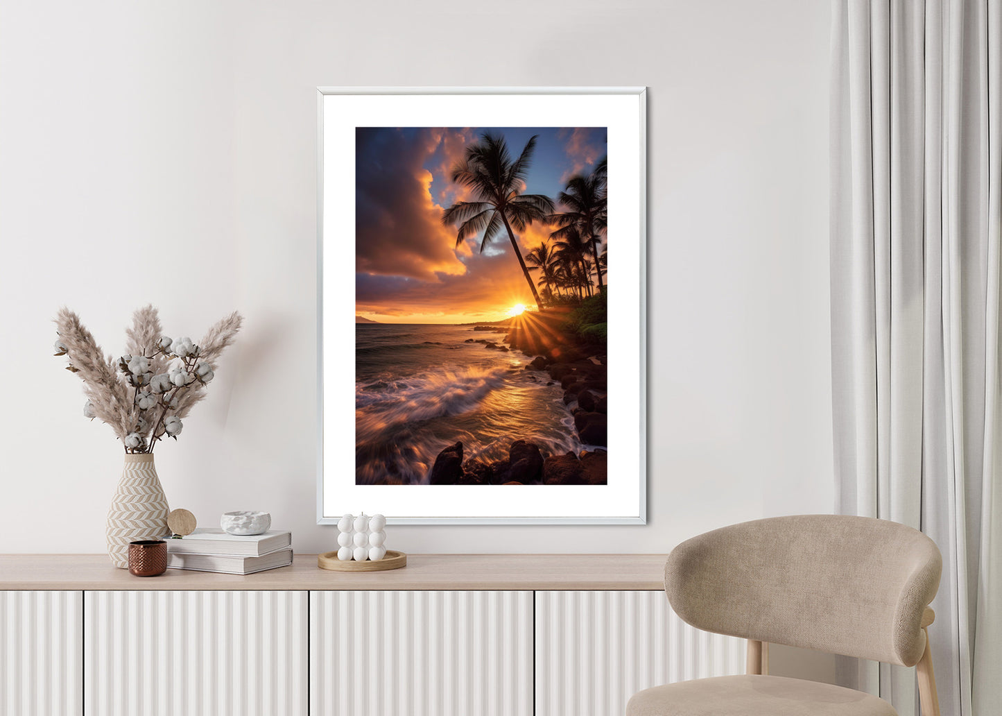 Poster Tropische Insel Mit Palmen Und Sonnenuntergang Rahmen Holz Mit Passepartout Farbe Natürlich