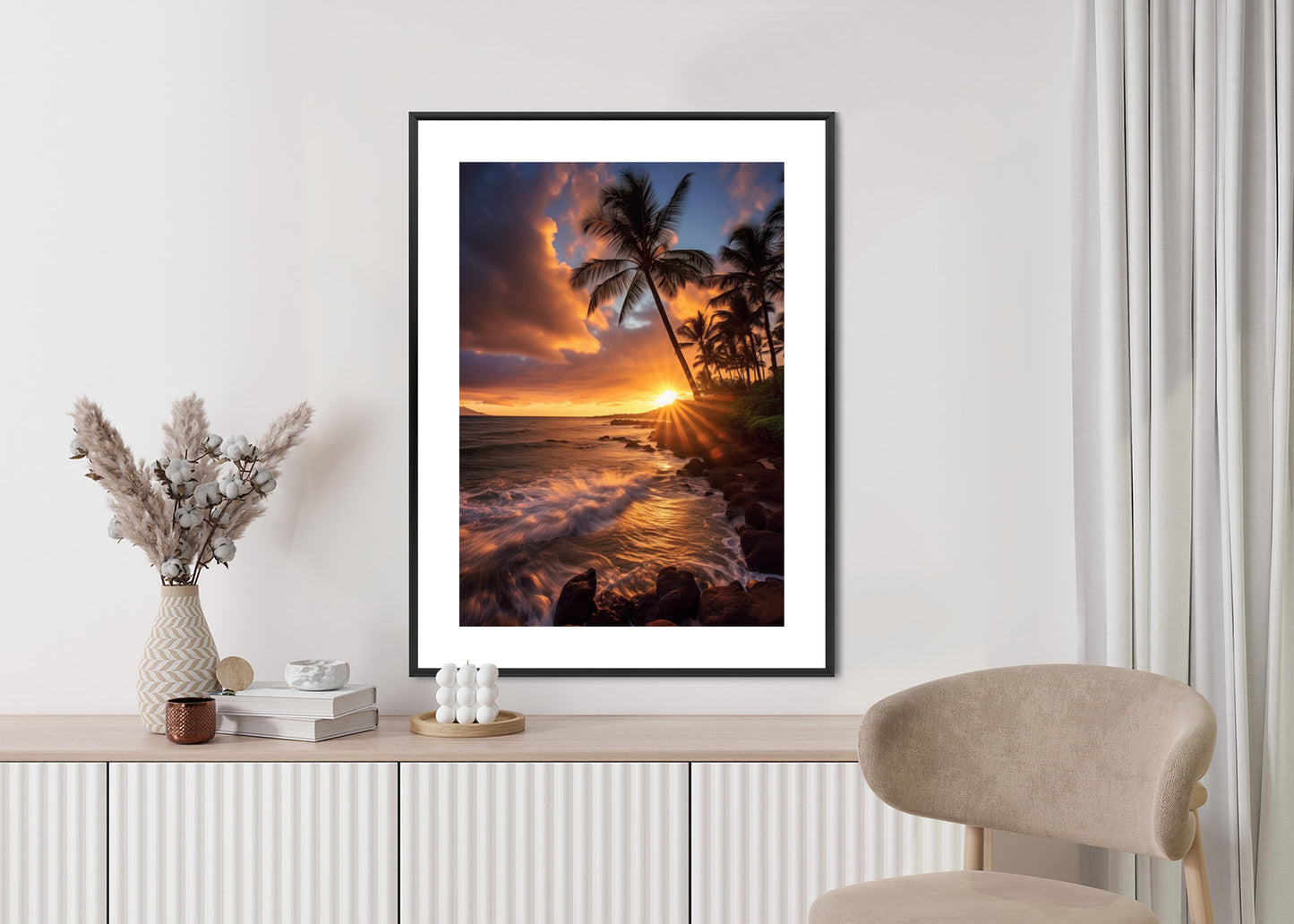 Poster Tropische Insel Mit Palmen Und Sonnenuntergang Rahmen Holz Mit Passepartout Farbe Natürlich