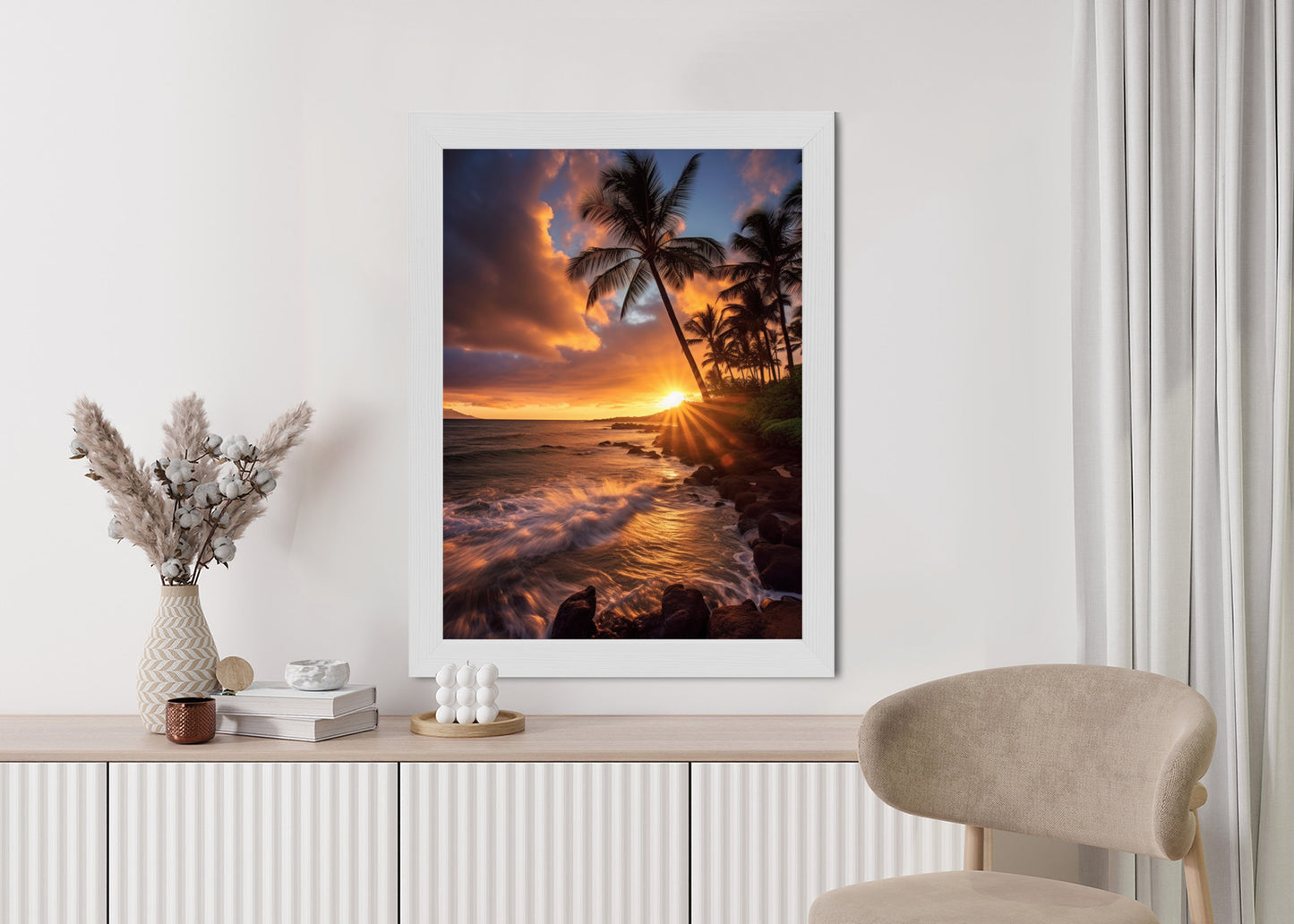 Poster Tropische Insel Mit Palmen Und Sonnenuntergang Rahmen Holz Mit Passepartout Farbe Natürlich