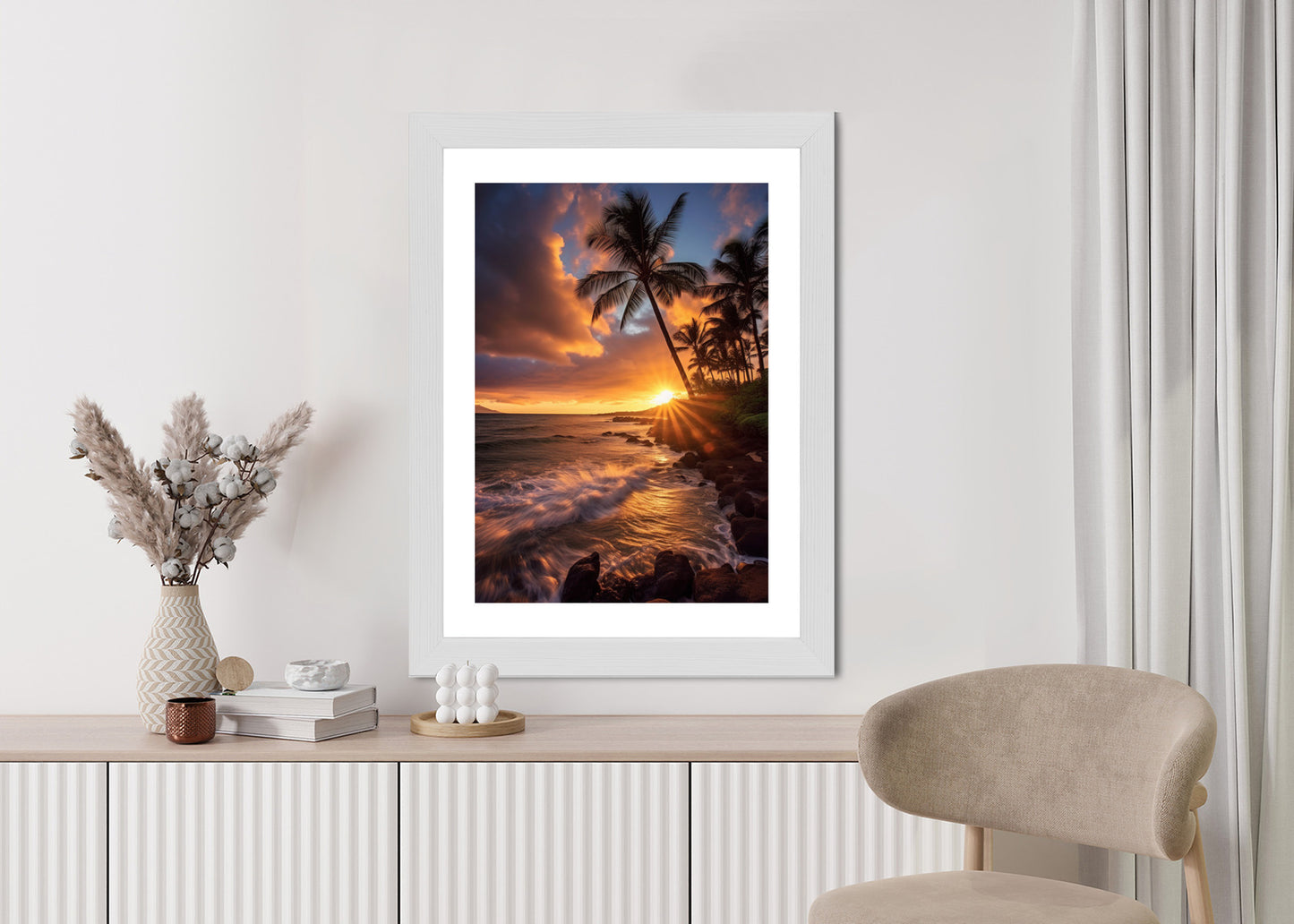 Poster Tropische Insel Mit Palmen Und Sonnenuntergang Rahmen Holz Mit Passepartout Farbe Natürlich