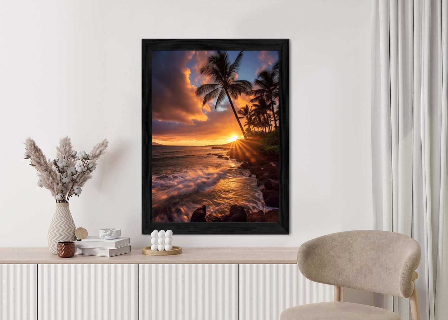 Poster Tropische Insel Mit Palmen Und Sonnenuntergang Rahmen Holz Mit Passepartout Farbe Natürlich