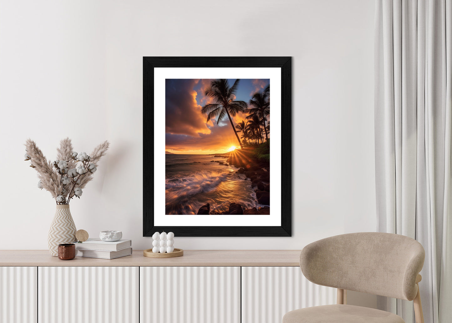 Poster Tropische Insel Mit Palmen Und Sonnenuntergang Rahmen Holz Mit Passepartout Farbe Natürlich