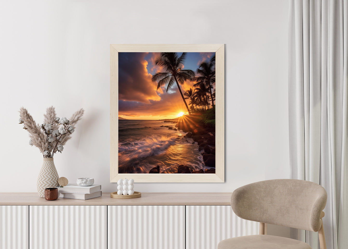 Poster Tropische Insel Mit Palmen Und Sonnenuntergang Rahmen Holz Mit Passepartout Farbe Natürlich