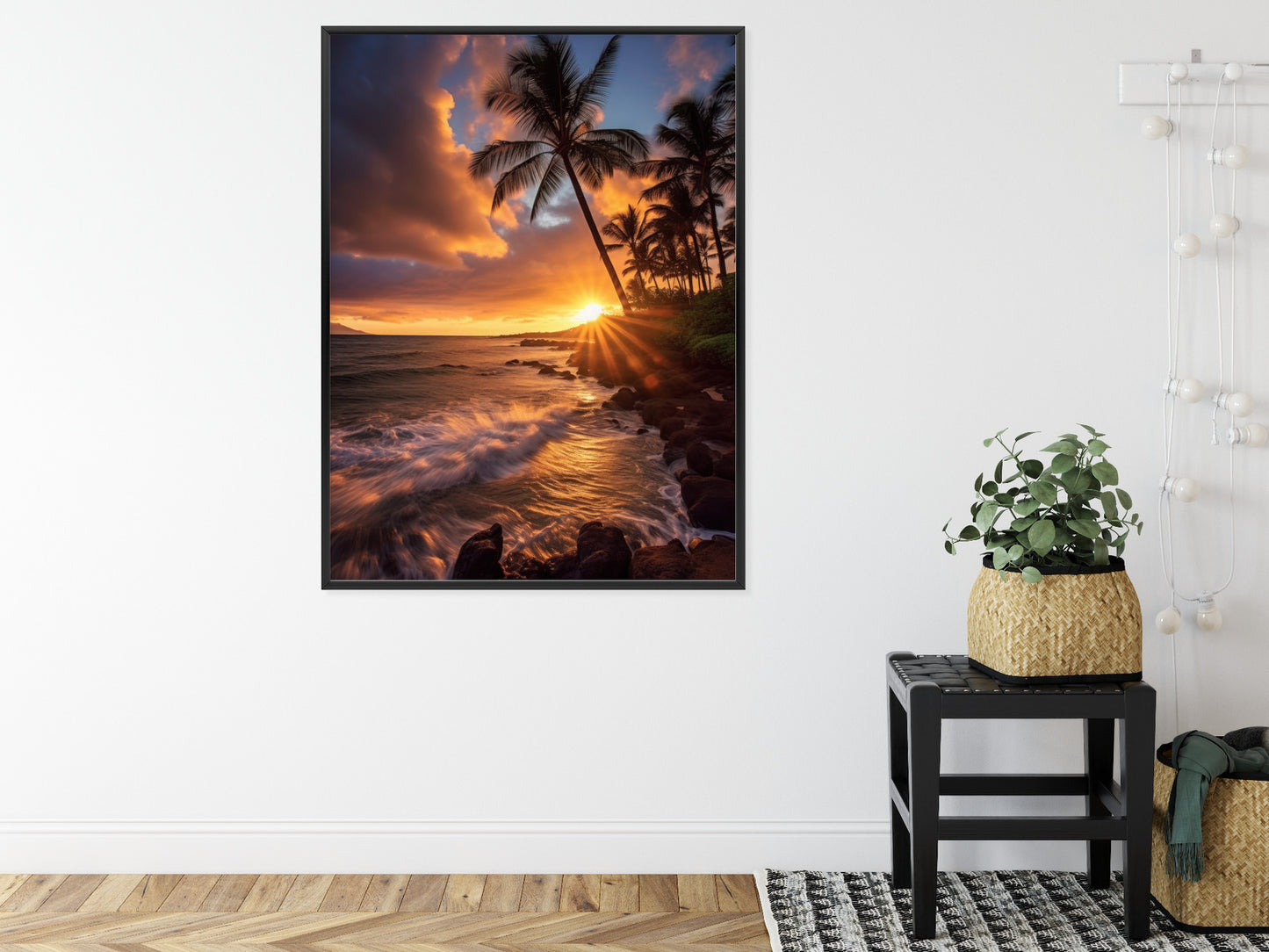 Poster Tropische Insel Mit Palmen Und Sonnenuntergang Rahmen Holz Mit Passepartout Farbe Natürlich