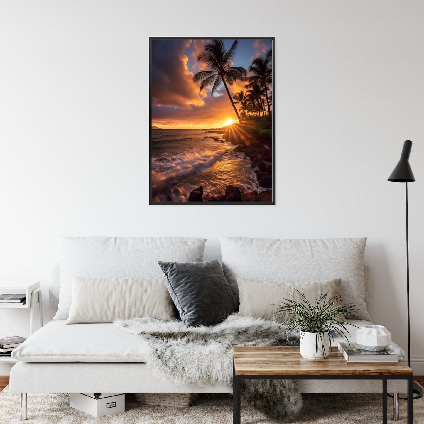 Poster Tropische Insel Mit Palmen Und Sonnenuntergang Rahmen Holz Mit Passepartout Farbe Natürlich