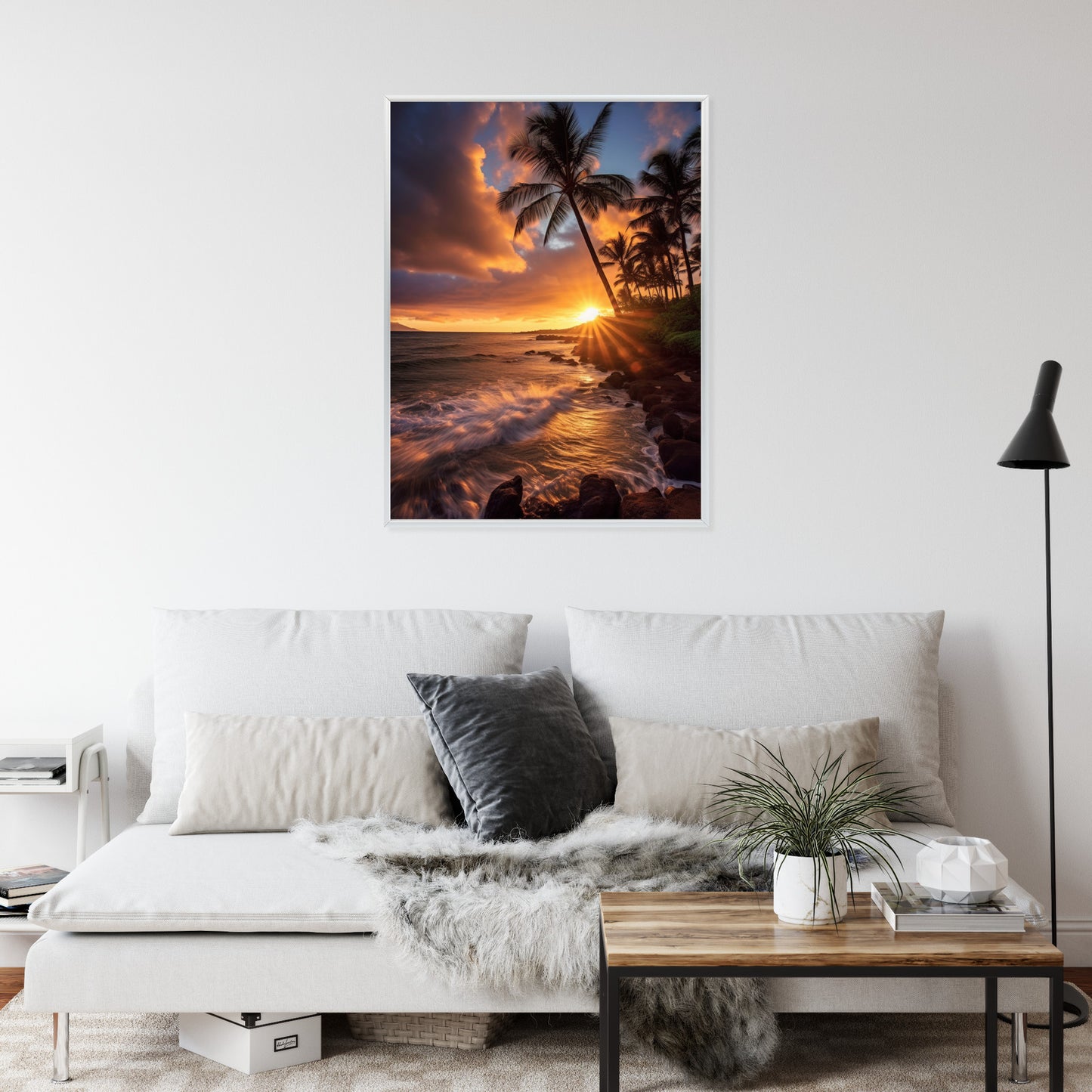 Poster Tropische Insel Mit Palmen Und Sonnenuntergang Rahmen Holz Mit Passepartout Farbe Natürlich