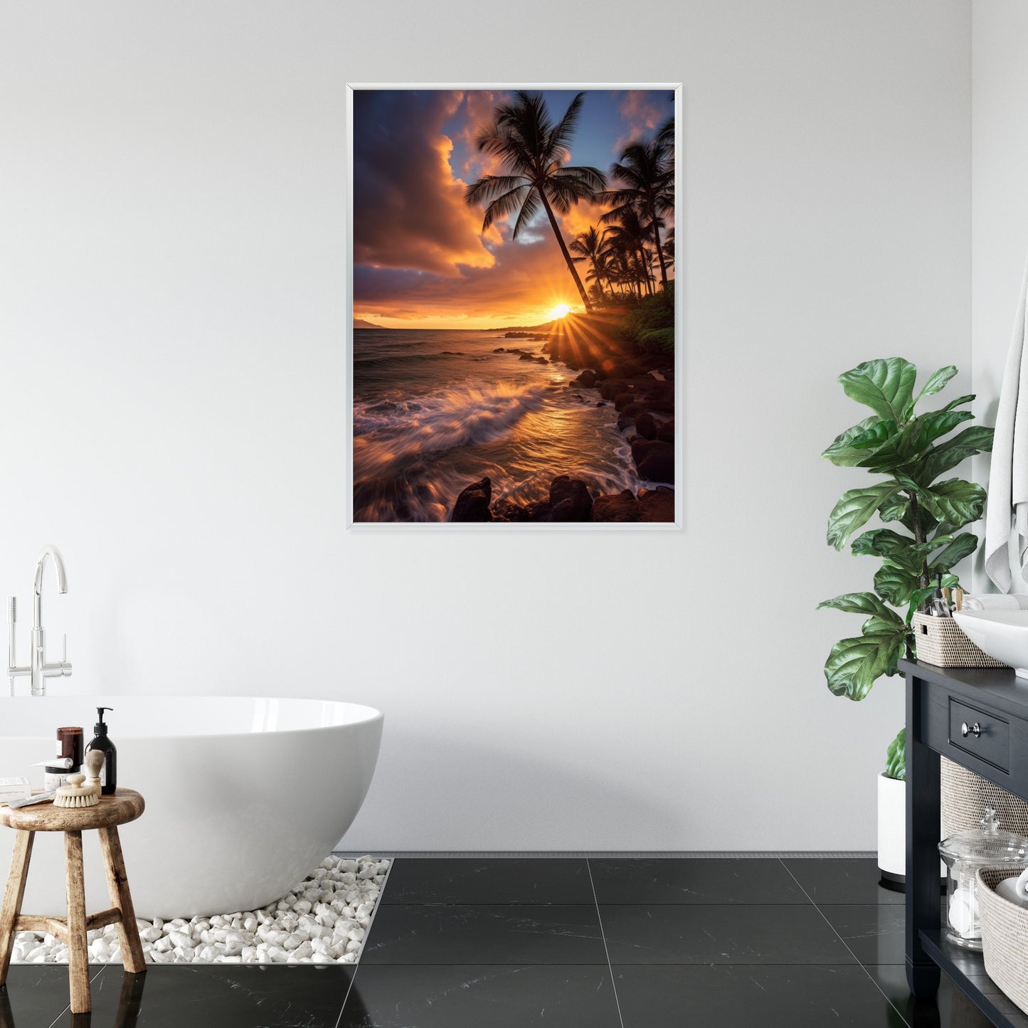 Poster Tropische Insel Mit Palmen Und Sonnenuntergang Rahmen Holz Mit Passepartout Farbe Natürlich