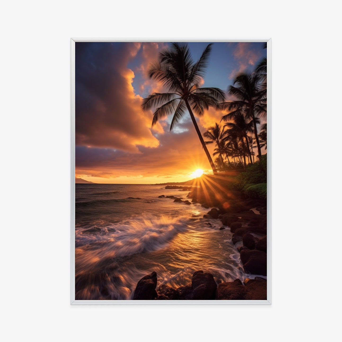 Poster Tropische Insel Mit Palmen Und Sonnenuntergang Rahmen Holz Mit Passepartout Farbe Natürlich