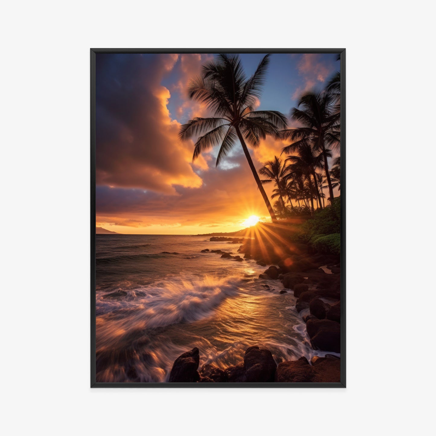 Poster Tropische Insel Mit Palmen Und Sonnenuntergang Rahmen Holz Mit Passepartout Farbe Natürlich