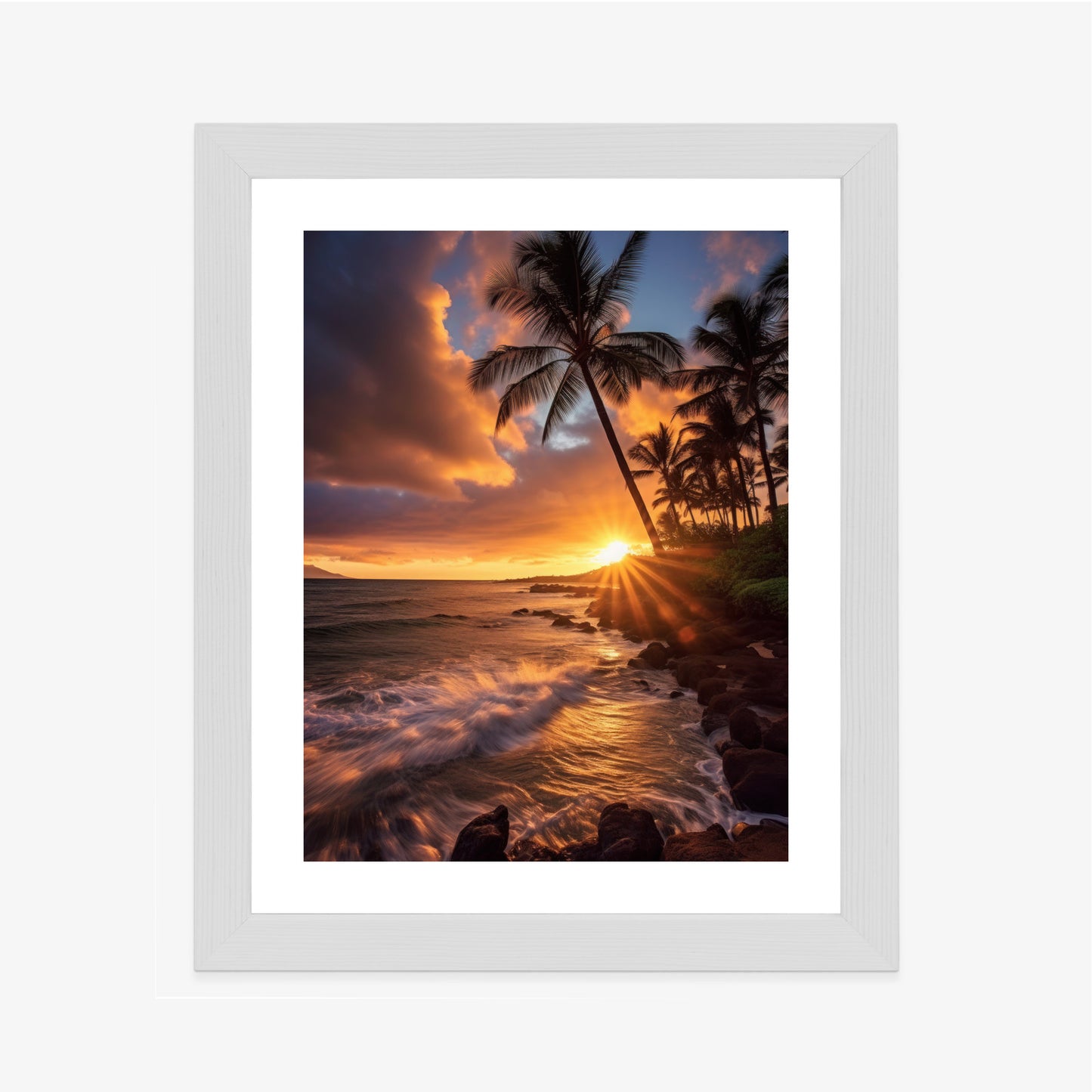 Poster Tropische Insel Mit Palmen Und Sonnenuntergang Rahmen Holz Mit Passepartout Farbe Natürlich