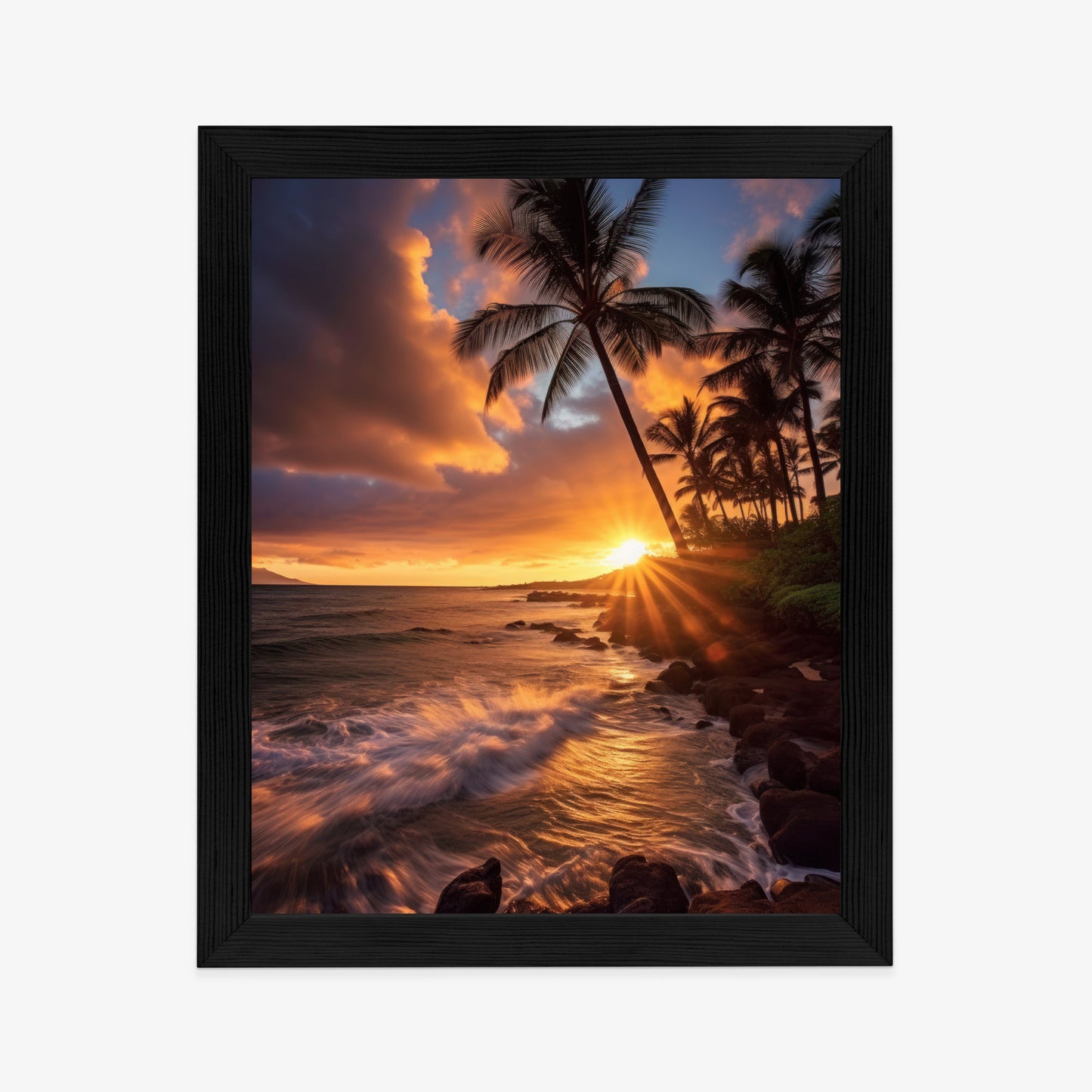 Poster Tropische Insel Mit Palmen Und Sonnenuntergang Rahmen Holz Mit Passepartout Farbe Natürlich