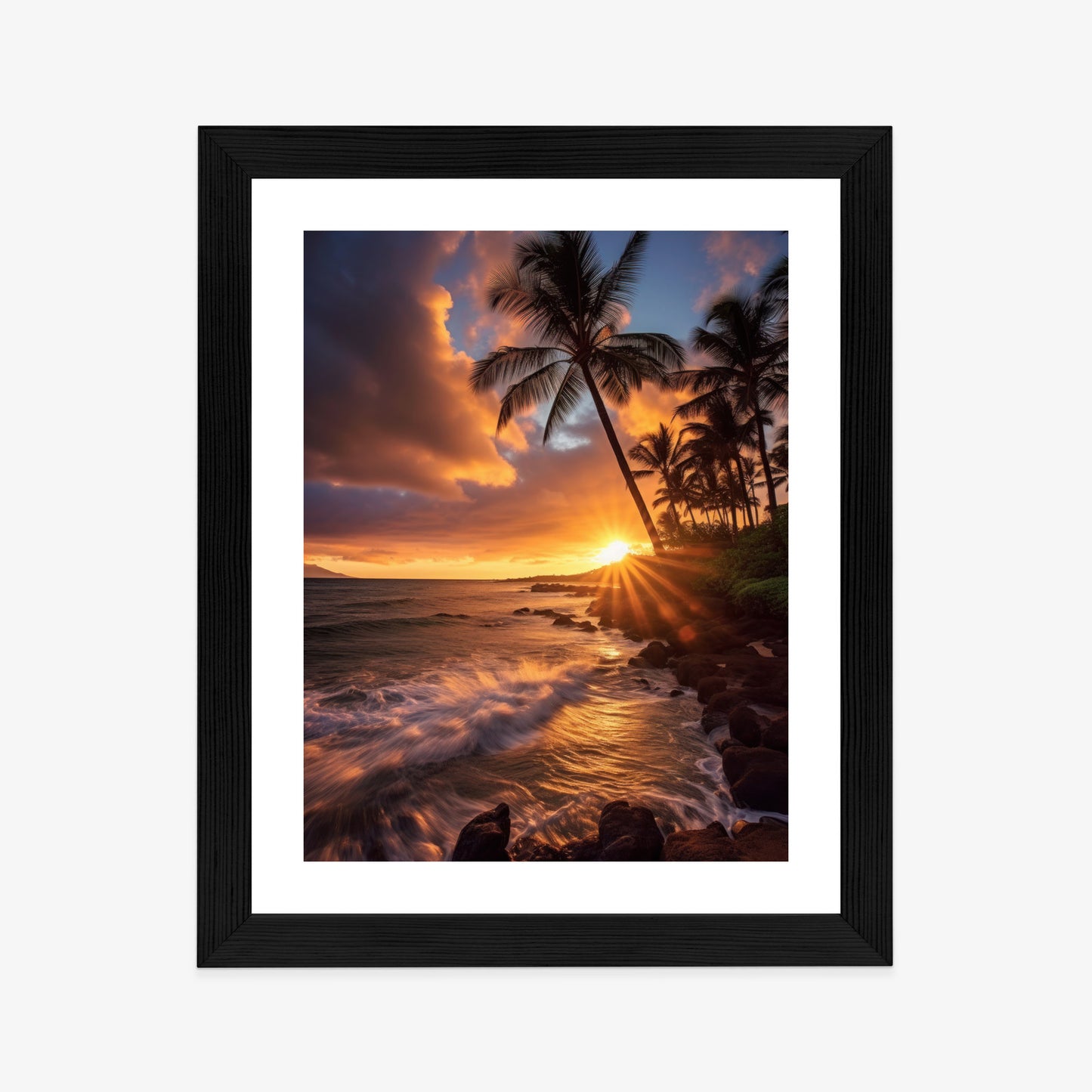 Poster Tropische Insel Mit Palmen Und Sonnenuntergang Rahmen Holz Mit Passepartout Farbe Natürlich