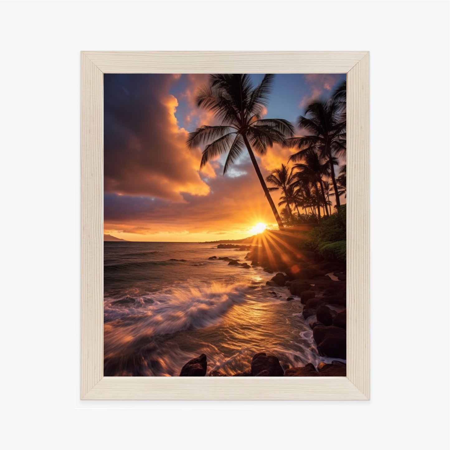 Poster Tropische Insel Mit Palmen Und Sonnenuntergang Rahmen Holz Mit Passepartout Farbe Natürlich