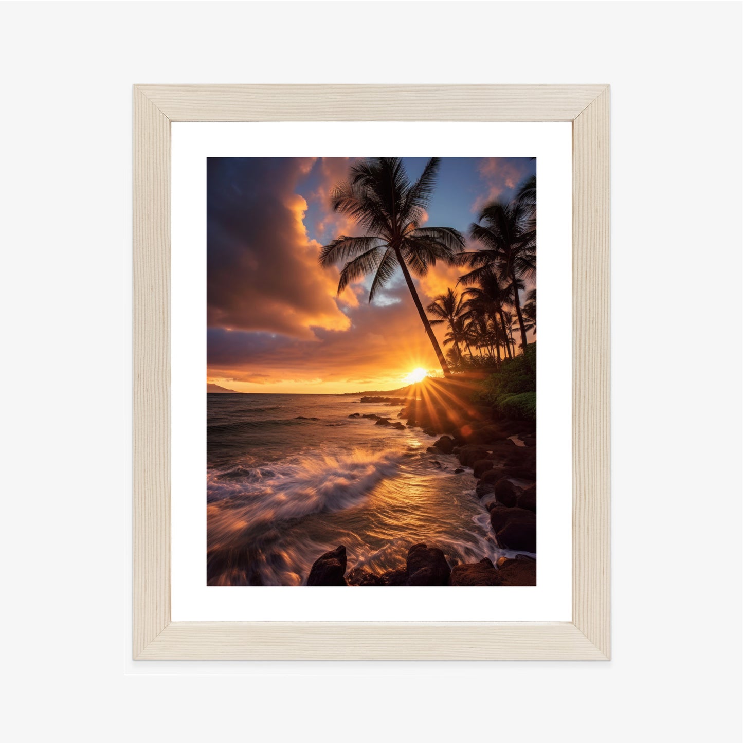 Poster Tropische Insel Mit Palmen Und Sonnenuntergang Rahmen Holz Mit Passepartout Farbe Natürlich