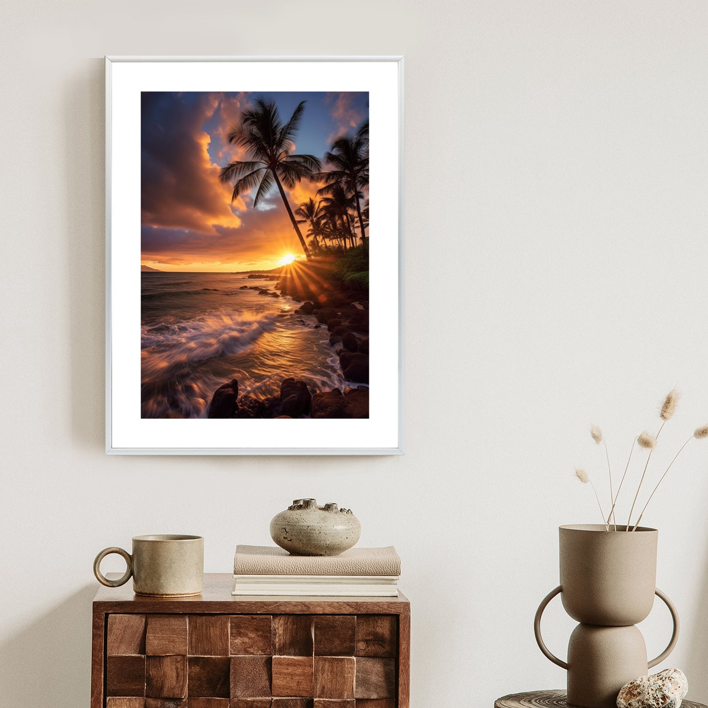 Poster Tropische Insel Mit Palmen Und Sonnenuntergang Rahmen Holz Mit Passepartout Farbe Natürlich