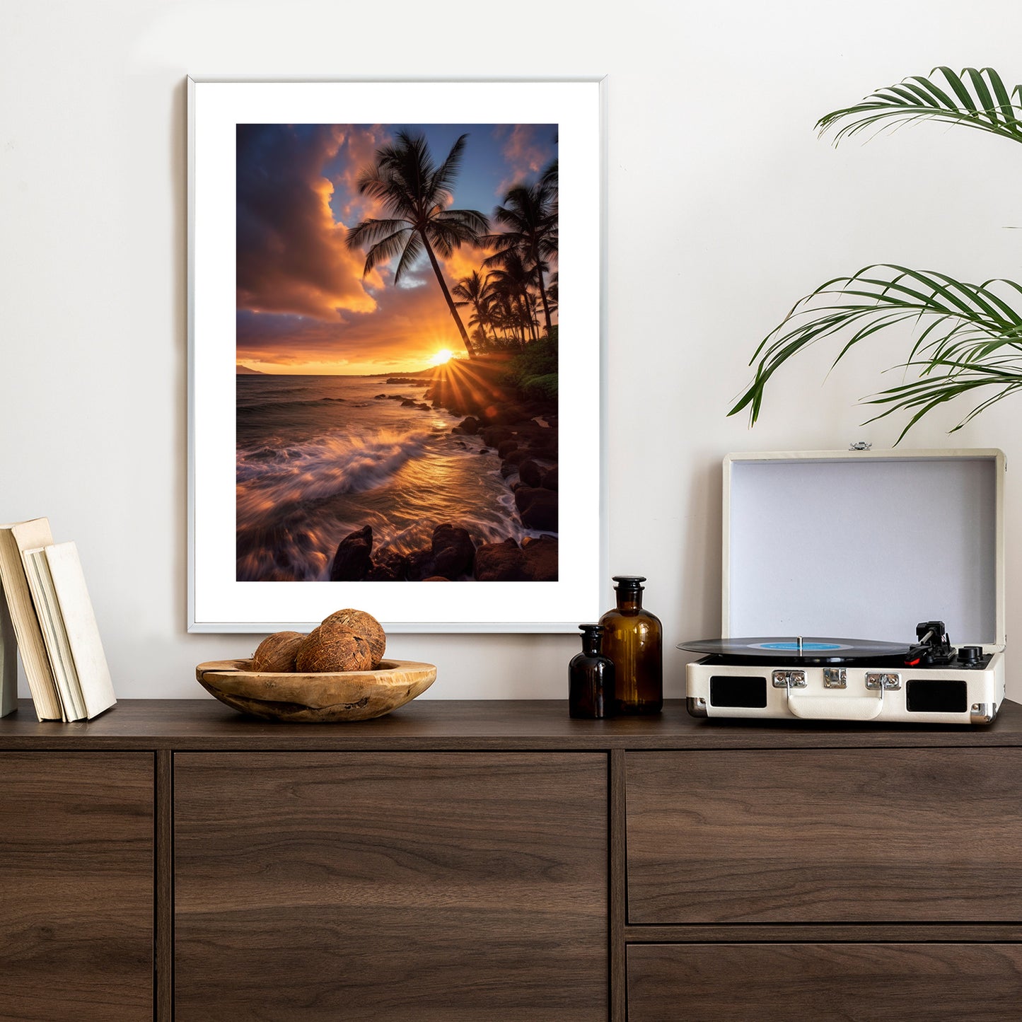 Poster Tropische Insel Mit Palmen Und Sonnenuntergang Rahmen Holz Mit Passepartout Farbe Natürlich