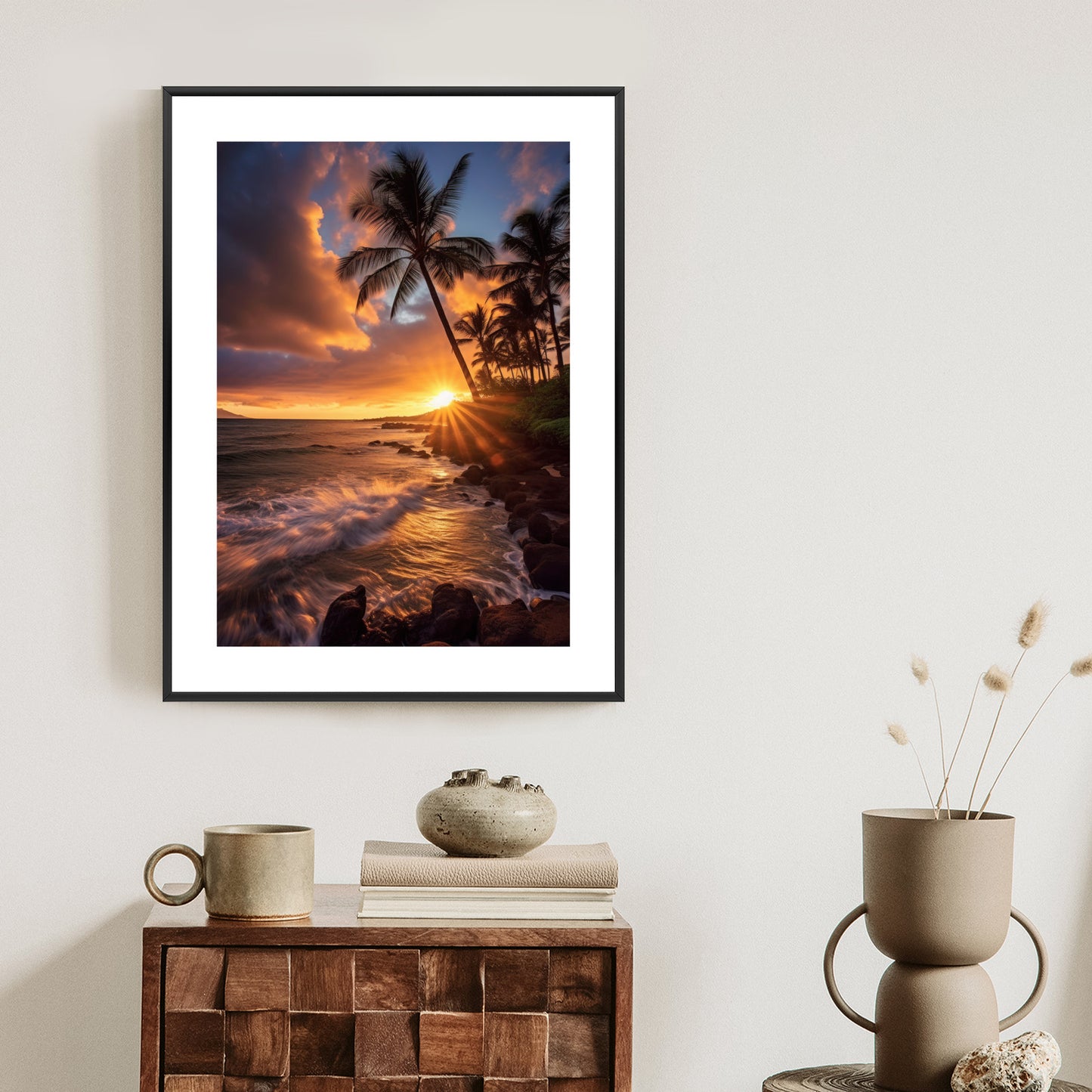 Poster Tropische Insel Mit Palmen Und Sonnenuntergang Rahmen Holz Mit Passepartout Farbe Natürlich