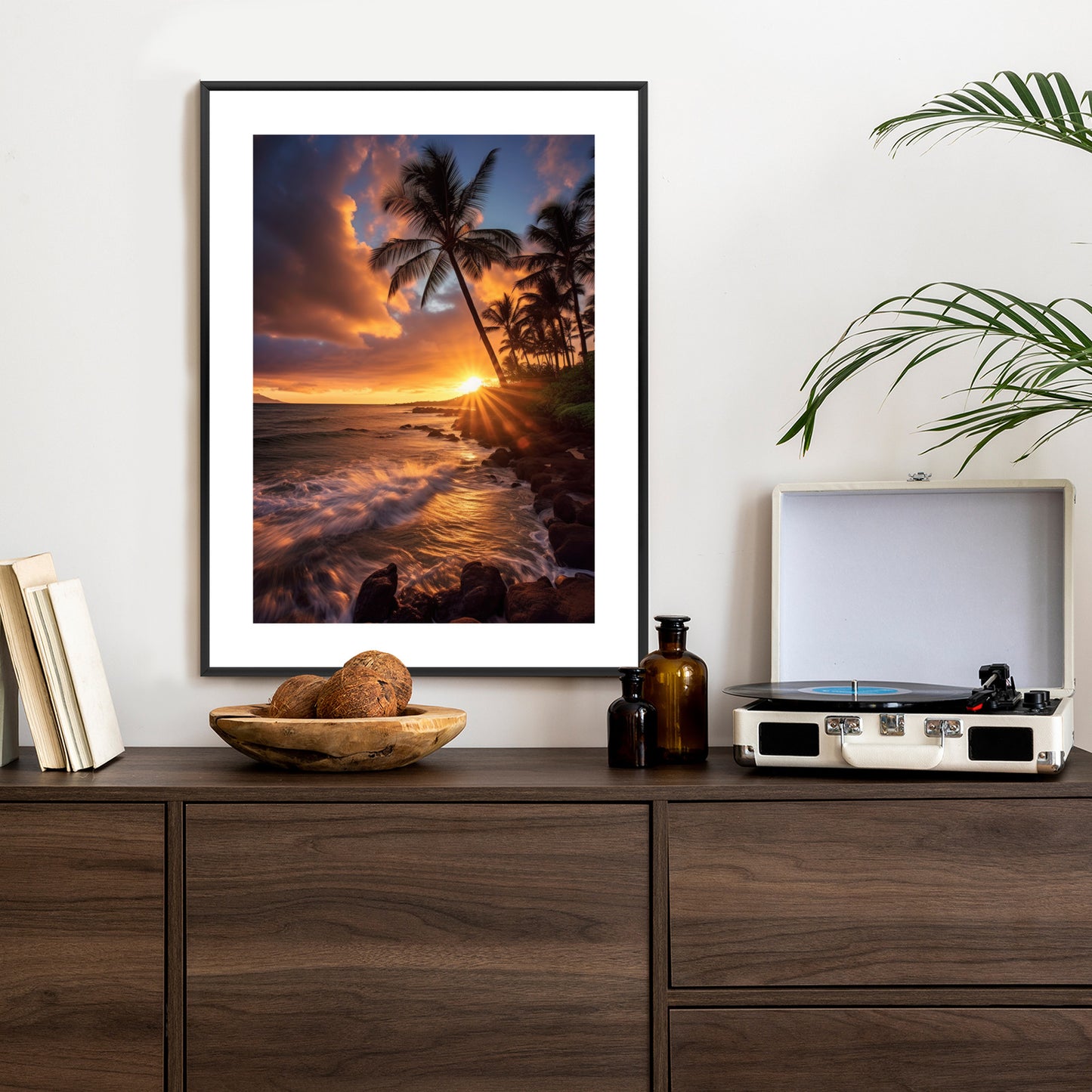 Poster Tropische Insel Mit Palmen Und Sonnenuntergang Rahmen Holz Mit Passepartout Farbe Natürlich