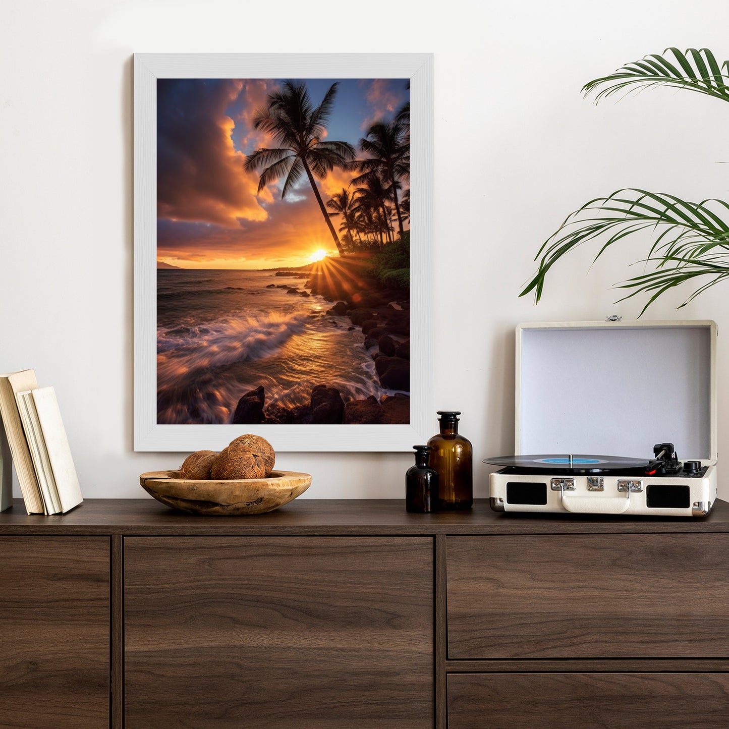 Poster Tropische Insel Mit Palmen Und Sonnenuntergang Rahmen Holz Mit Passepartout Farbe Natürlich