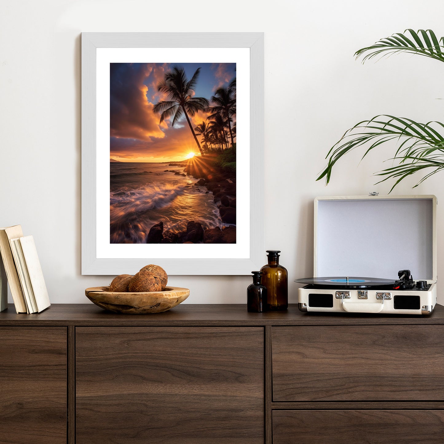 Poster Tropische Insel Mit Palmen Und Sonnenuntergang Rahmen Holz Mit Passepartout Farbe Natürlich