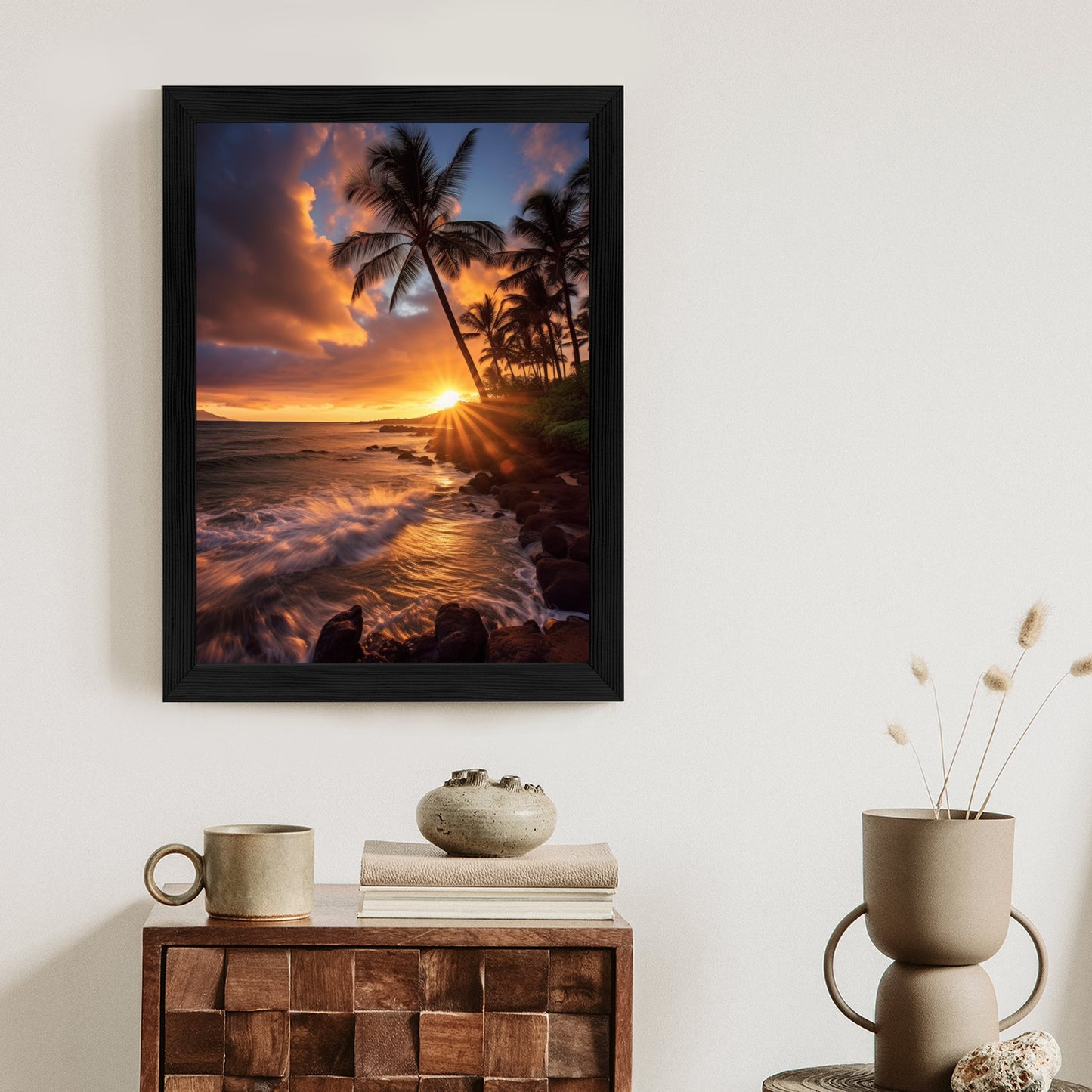 Poster Tropische Insel Mit Palmen Und Sonnenuntergang Rahmen Holz Mit Passepartout Farbe Natürlich